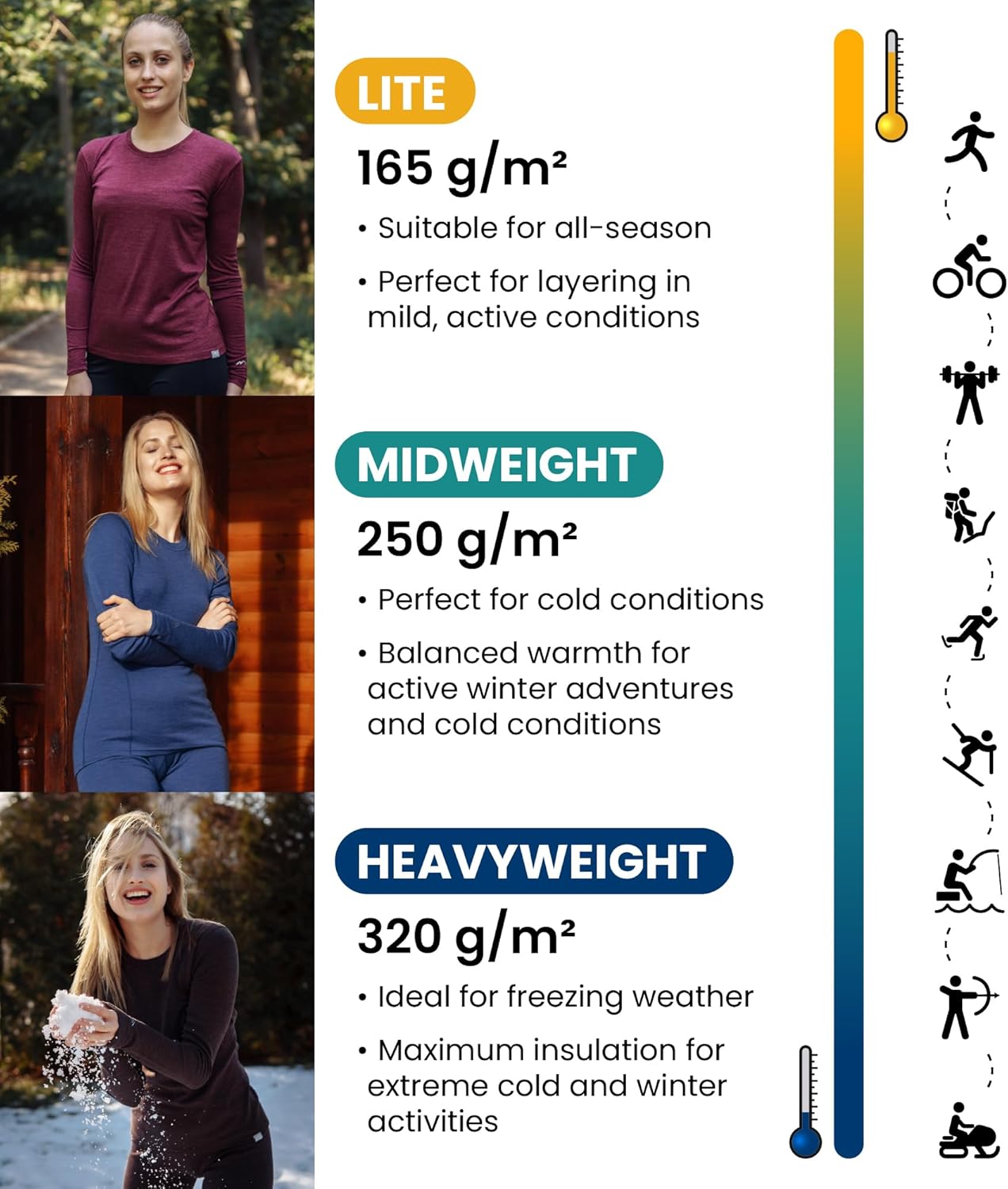 merino wool base layer women set worn on a hiker - merino wool base layer women set