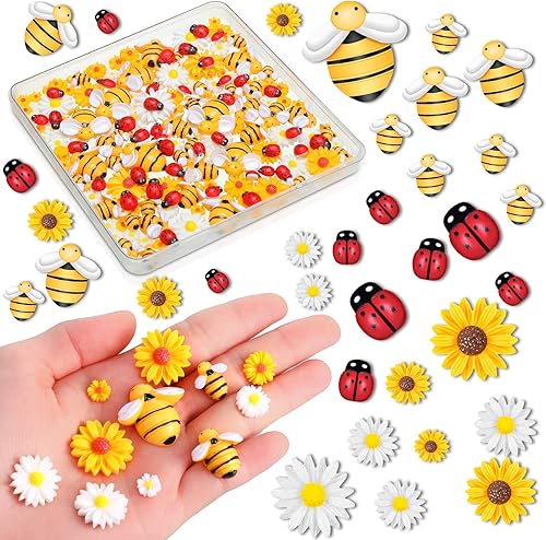 200 piezas de resina mini decoración de girasol de abeja margarita adorno de abejas, abalorios de abejas, cuentas epoxi de mariquitas, manualidades,