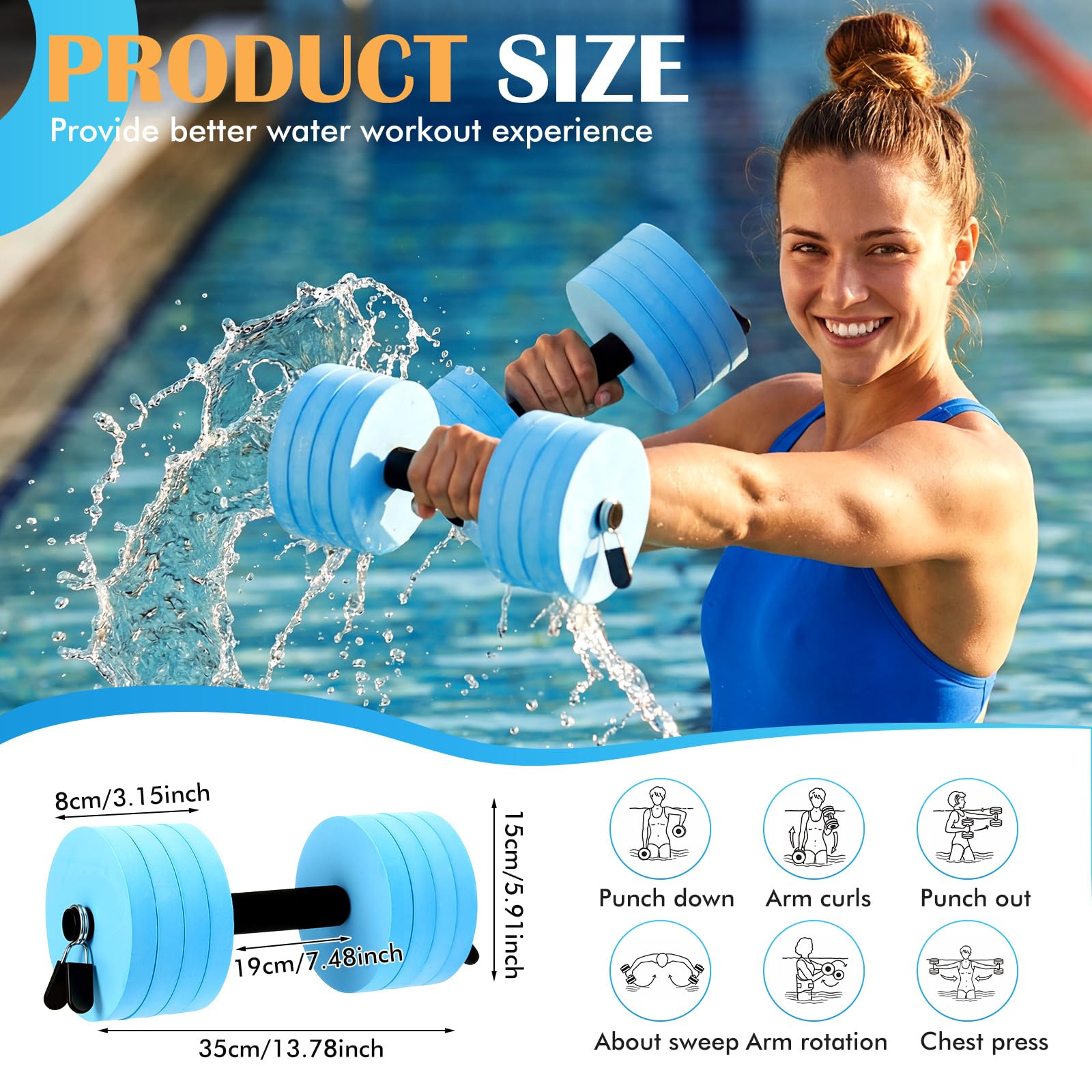 Thenshop Lot d'haltères en mousse pour exercices aquatiques, 1 paire d'haltères bleus pour piscine avec 8 disques en mousse EVA et 4 clips de verrouillage, barres de fitness réglables pour piscine et