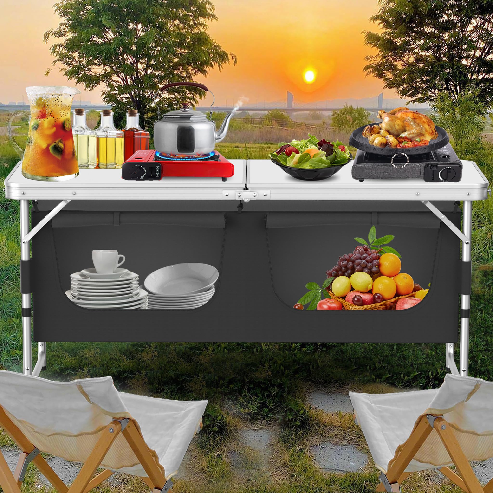 Froadp Campingküche Faltbare mit Ablagefächern – Leichter Campingschrank mit Aluminiumgestell & Tragetasche, 120 x 47 x 62 cm