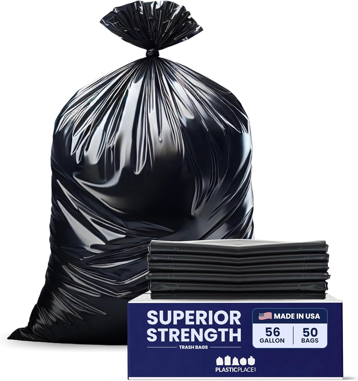 Plasticplace 56 Gallon Trash Bags │ 2.0 Mil │ Black Heavy Duty Liners, Fits Glutton Garbage Can │ 43” x 46” (50 Count)