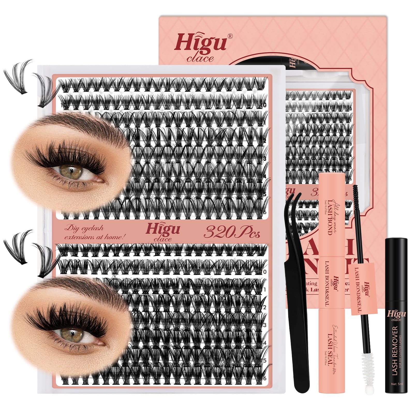 Lash-Extension Kit 320PCS, Higu clace Eyelashes Individual kit 30D+40D, D curl Individual-Lashes Kit with Bond and Seal and Remover Applicator for DIY Eyelash Extension (30D+40D Mix9-16 Kit)