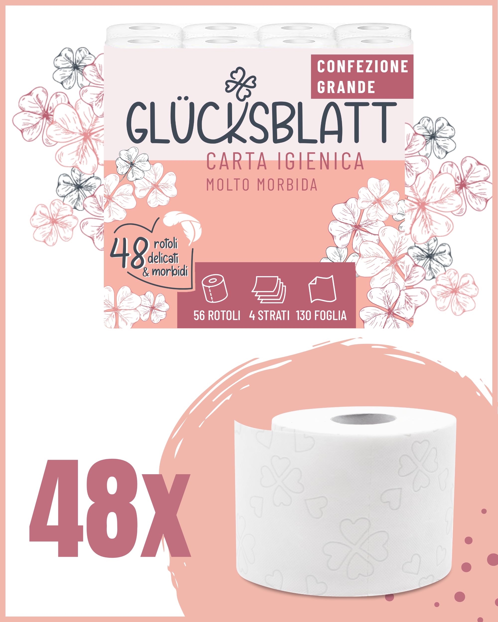 Glücksblatt Carta igienica vellutata, 4 strati, 48 rotoli x 130 fogli, 100% cellulosa, carta igienica super morbida con goffratura fortunata, carta igienica, ideale per campeggio, confezione da almeno