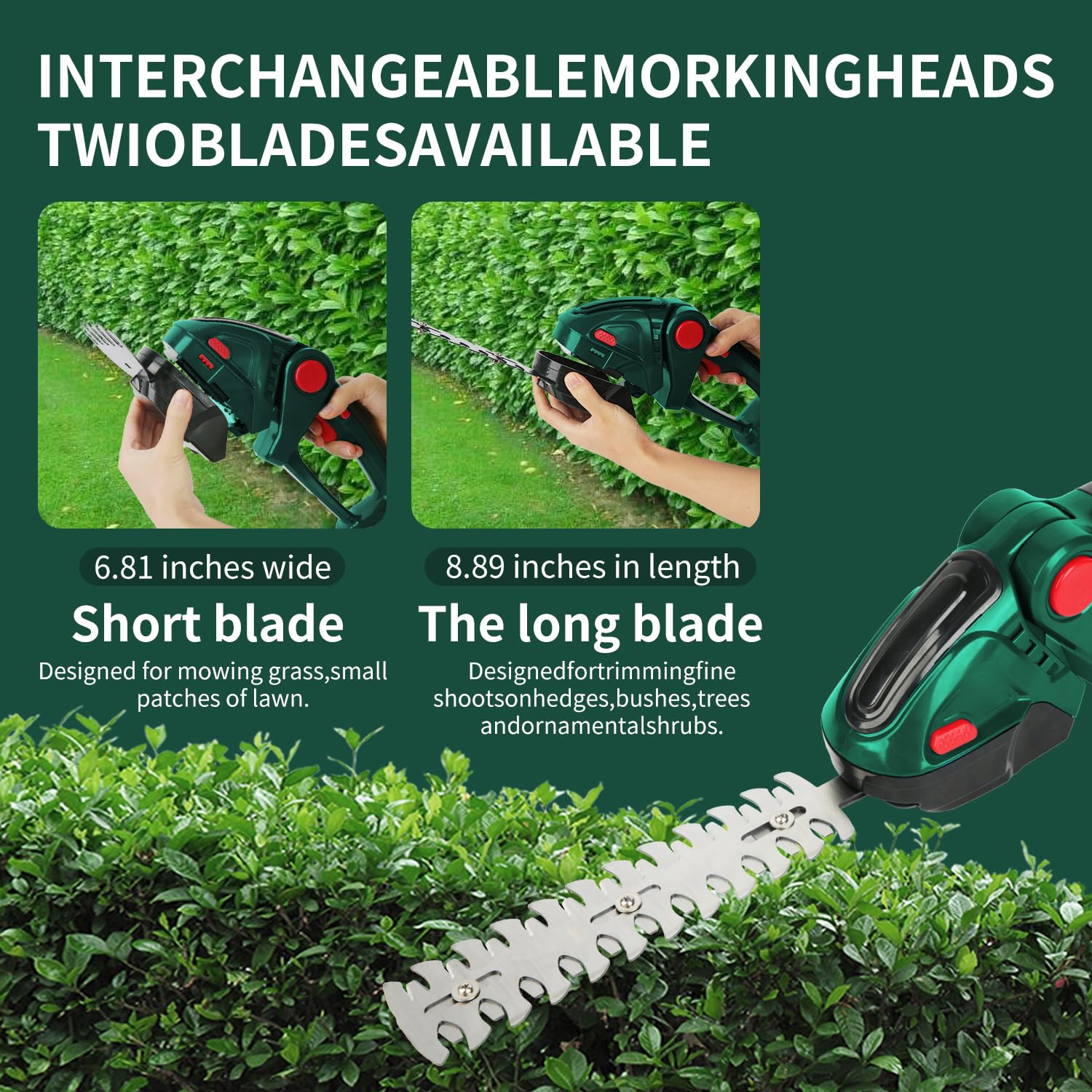 Akku Heckenschere, 21V Elektrische Grasschere, 2-in-1 Strauchschere & Rasenkantenschere mit 4,0Ah Akku, 23cm Heckenschermesser & 12cm Grasmesser, für Garten, Hecken, Büsche, Rasen (Grün)