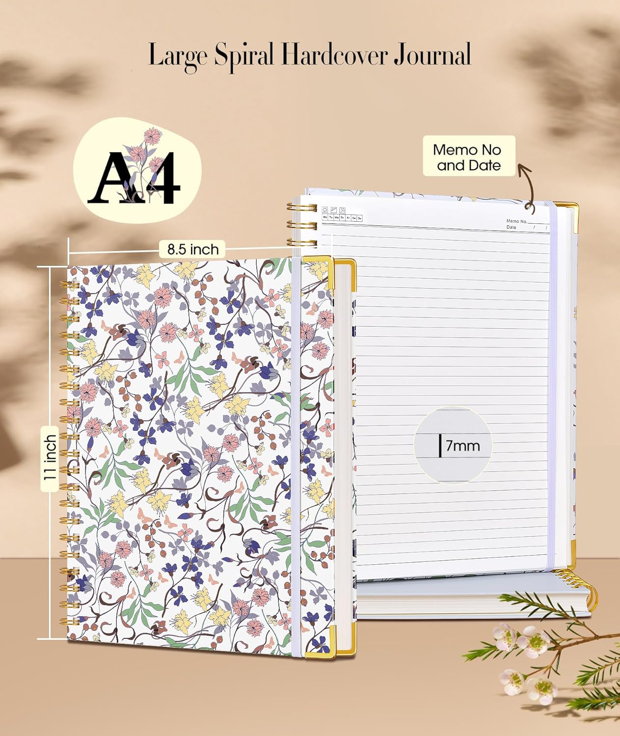 Cute Spiral Notebook Journal for Women, 200 Pages Lined Notebooks 8.5” x 11”, A4 Large Hardcover Spiral Journals with 100 GSM Thick Paper, College Ruled Notebook for Writing Work School, Purple Floral - Image 3