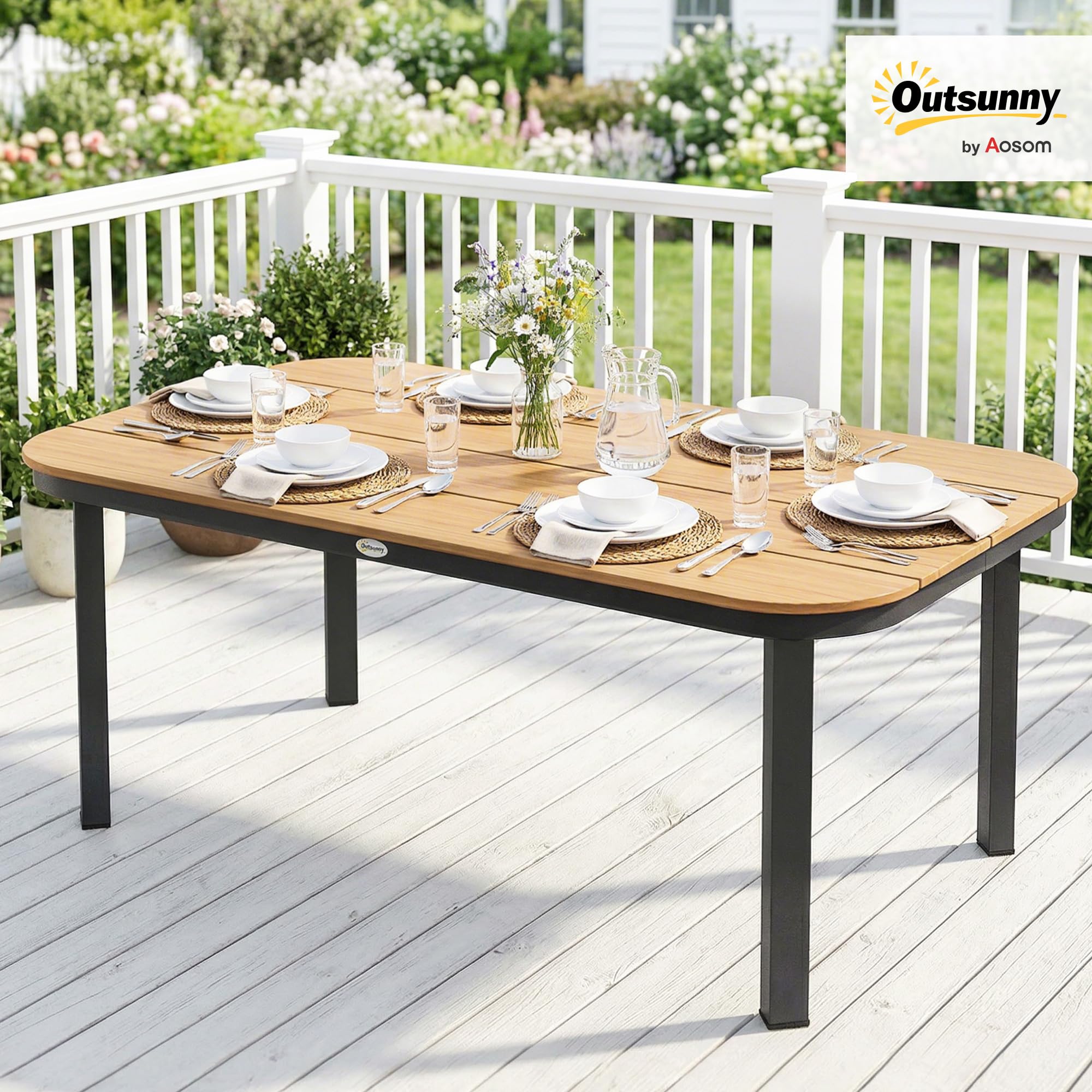 Outsunny Table de Jardin Rectangulaire pour 4-6 Personnes, Plateau en WPC à Lattes, Bords Arrondis, Structure en Métal, Table à Manger de Jardin pour Balcon Terrasse, 155x88x72cm, Naturel