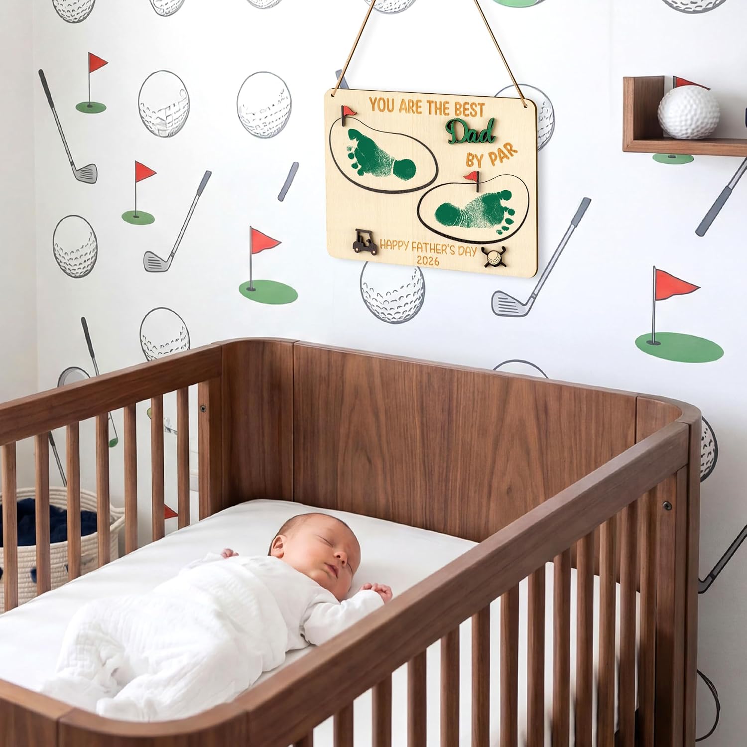 3D Father's Day Baby's Footprint DIY Art Craft with Ink pad- Golf DIY Footprint Hanging Wooden Sign for Kids Baby’s Footprint Wooden Sign for First Father’s Day Gift Memory Keepsake Home Wall Decor