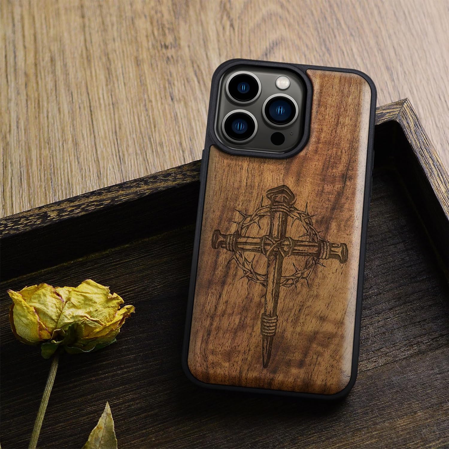 Carveit Magnetic Wood Case for iPhone 14 Pro Case [Natural Wood & Black Soft TPU] Shockproof Protective Cover Unique Wooden Case Compatible with magsafe (Crucifix Nails -Walnut)