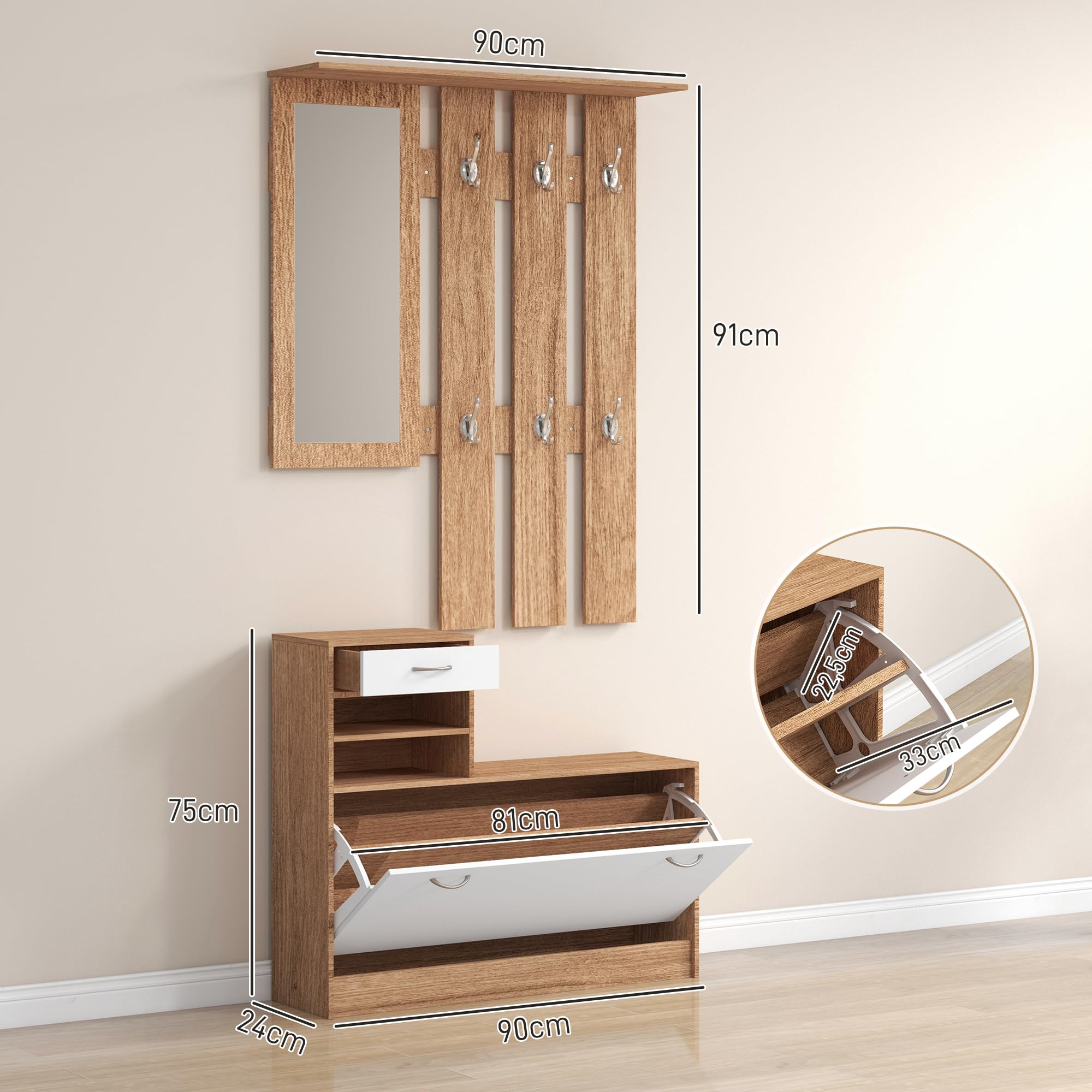 HOMCOM 3-in-1-Garderobenschrank mit Garderobenpaneel, Spiegel und Schuhbank - 6 Haken und verstellbares Regal, Walnussholz und Weiß