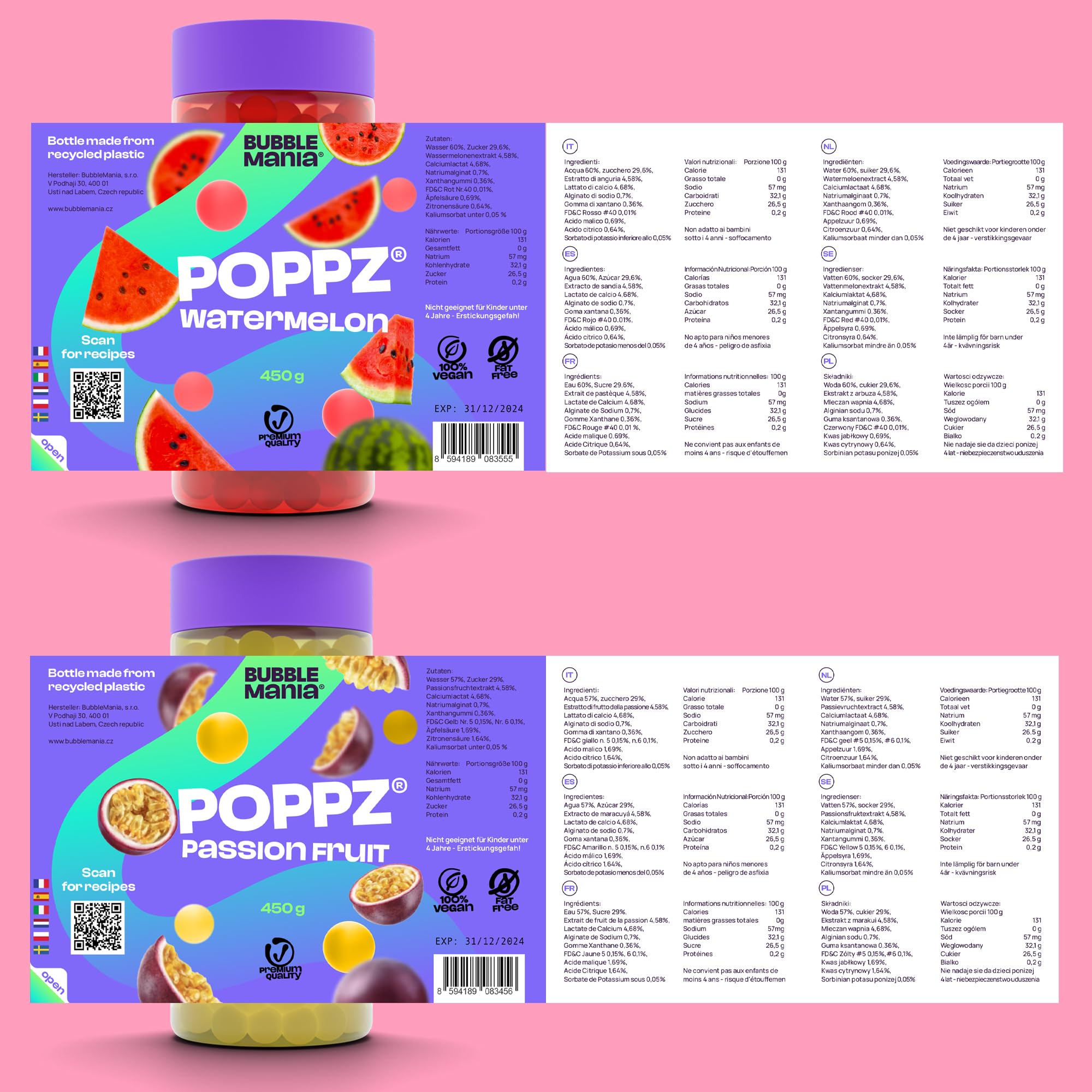BubbleMania Set de Bubble Tea Boba Popping Perlas de Tapioca 4 Paquete Maracuyá Lichi Kiwi Sandía
