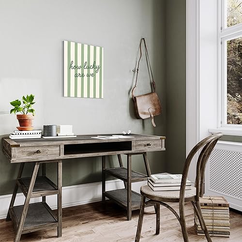Miniatura 4 de FISWAFY Lienzo enmarcado con texto en inglés «How Lucky Are We para decoración de pared, póster inspirador positivo a rayas verdes retro de moda,