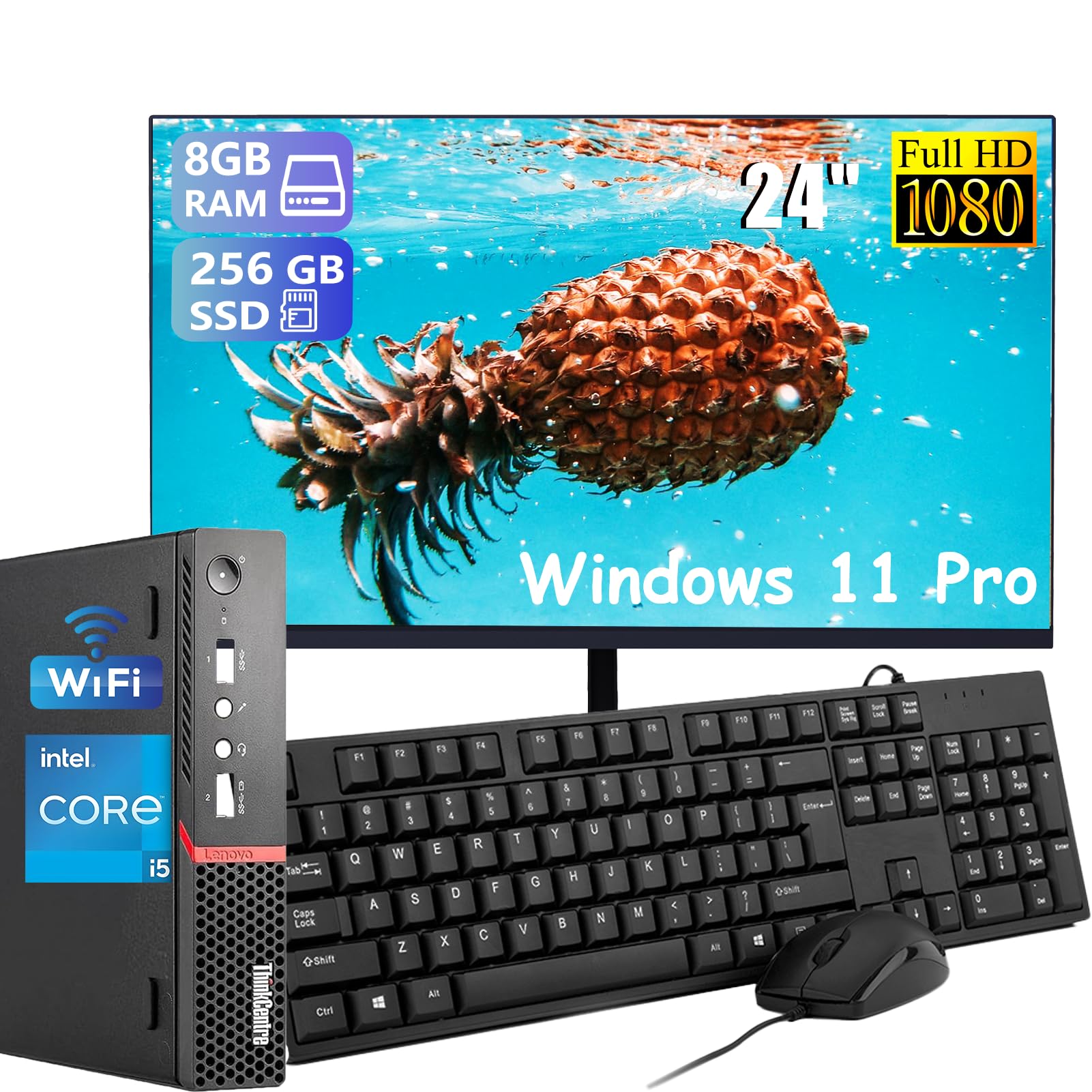 Lenovo ThinkCentre M900 - Mini ordenador de escritorio con pantalla de 24", Intel Core i5-6500, 8 GB de RAM, SSD 256 GB, WiFi, Bluetooth, teclado QWERTY americano, Windows 11 Pro (reacondicionado)