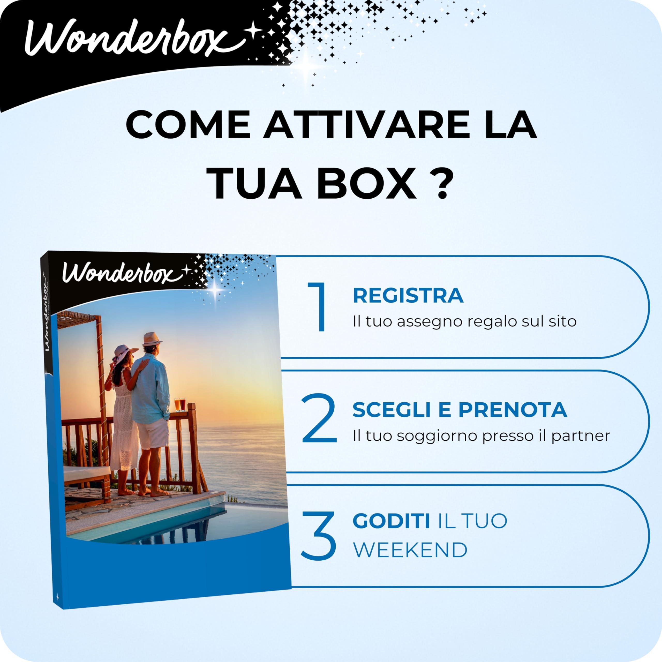 WONDERBOX - Cofanetto Regalo - 3 Giorni Esclusivi - per 2 Persone | 2 notti con 2 colazioni, con o senza attività benessere - Più di 450 soggiorni - Hotel 5* e 4*, Resort, Spa Hotel