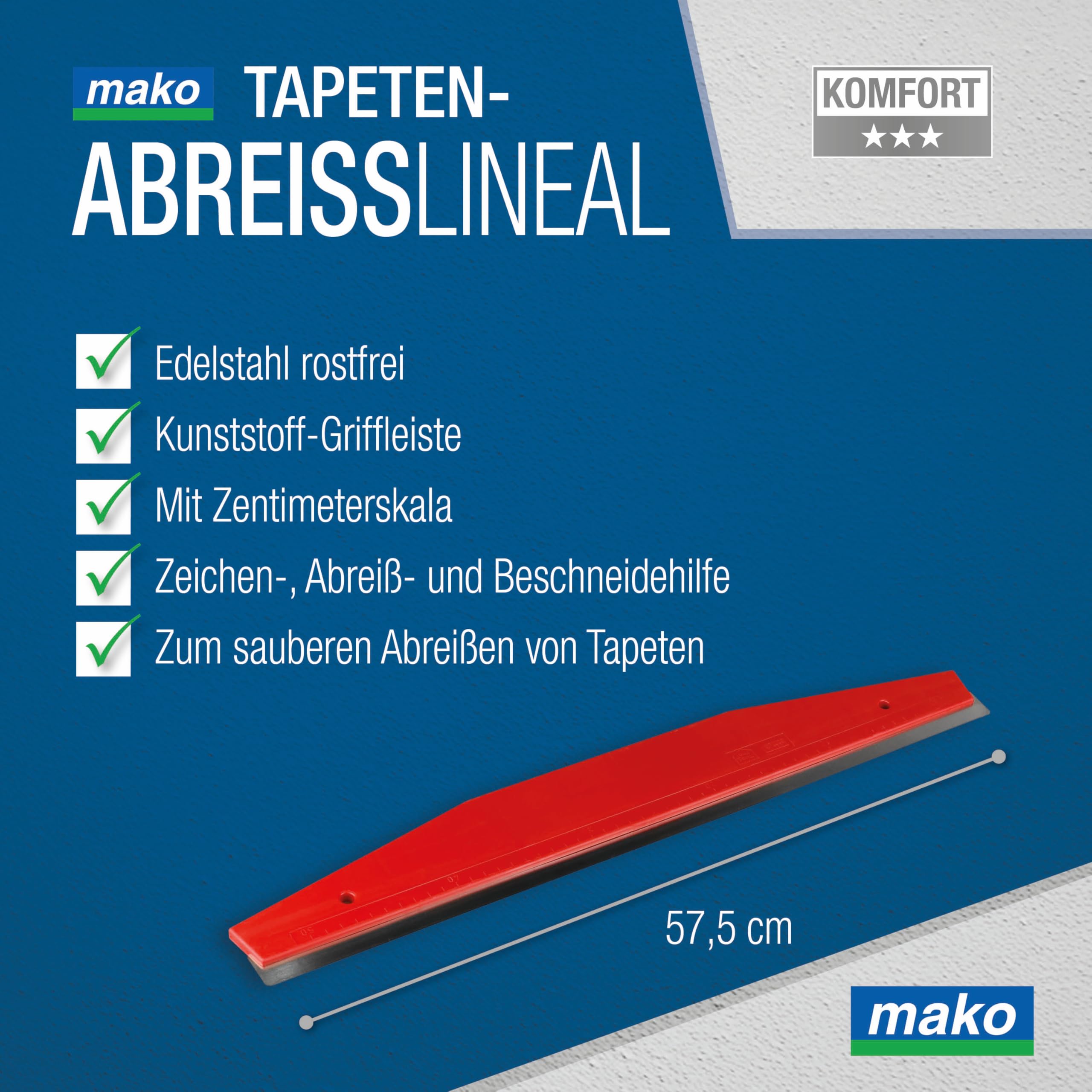 mako PROFI Tapezierset 6-teilig – Präzises Tapezierwerkzeug für saubere Schnitte, perfekte Nahtbearbeitung – Tapezierschere, Spachtel, Bürste, Abreißlineal, Nahtroller und Kleister-Rührholz