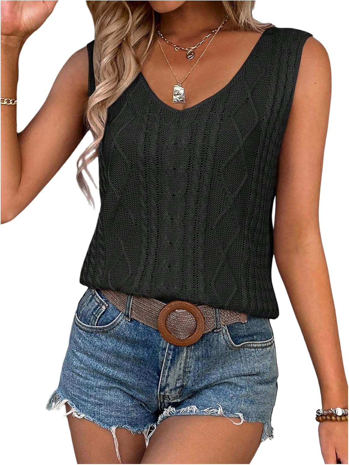 SOLY HUX Women's V Neck Sweater Vest Sleeveless Summer Casual Shirts Knit Tank Top