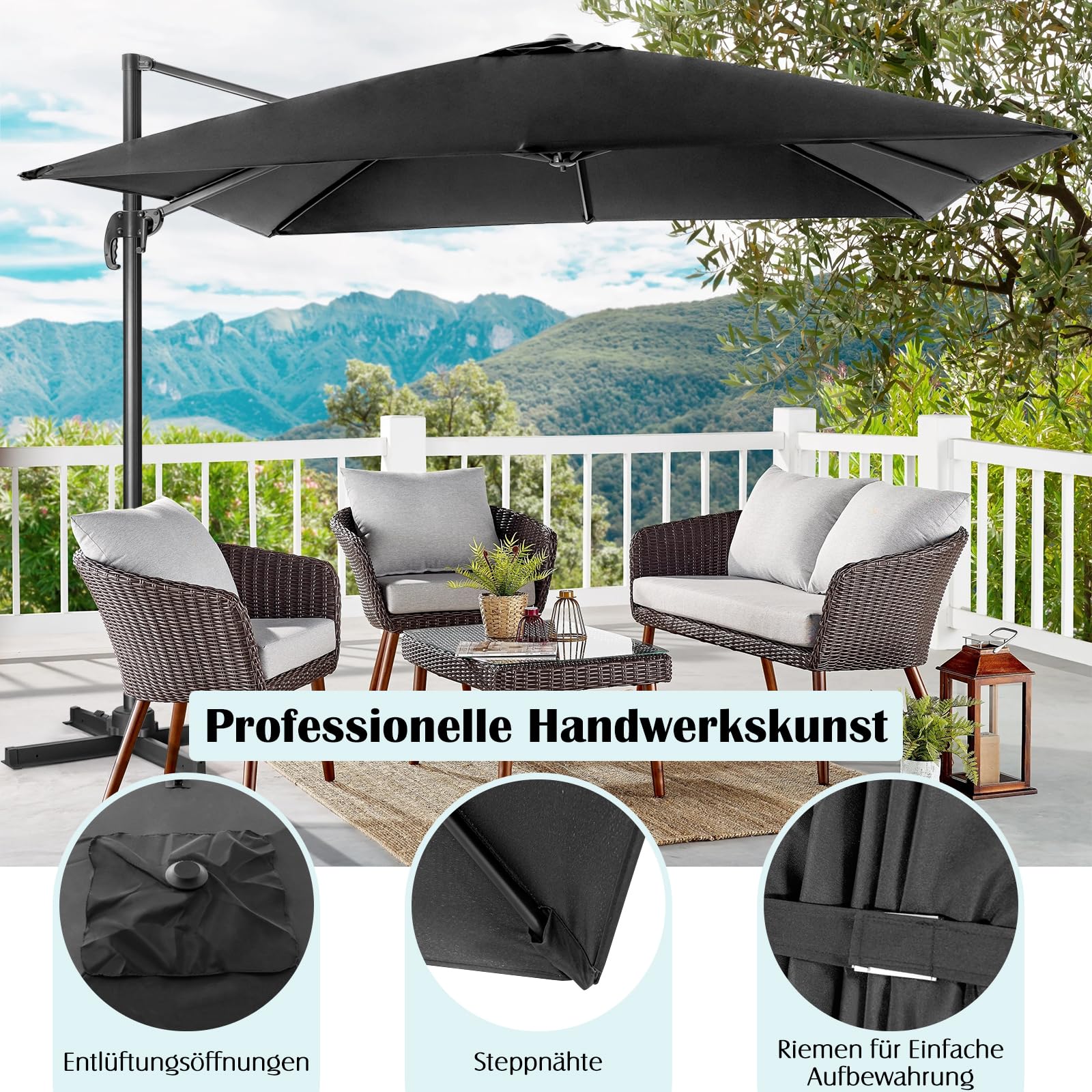 GOPLUS Ampelschirm 300x300 cm rechteckig, Sonnenschirm 360° drehbar & 3 stufig kippbar, großer Terrassenschirm mit Ständer, Gartenschirm mit Kurbel, UPF 30+ für Balkon, Garten & Terrasse (Schwarz)