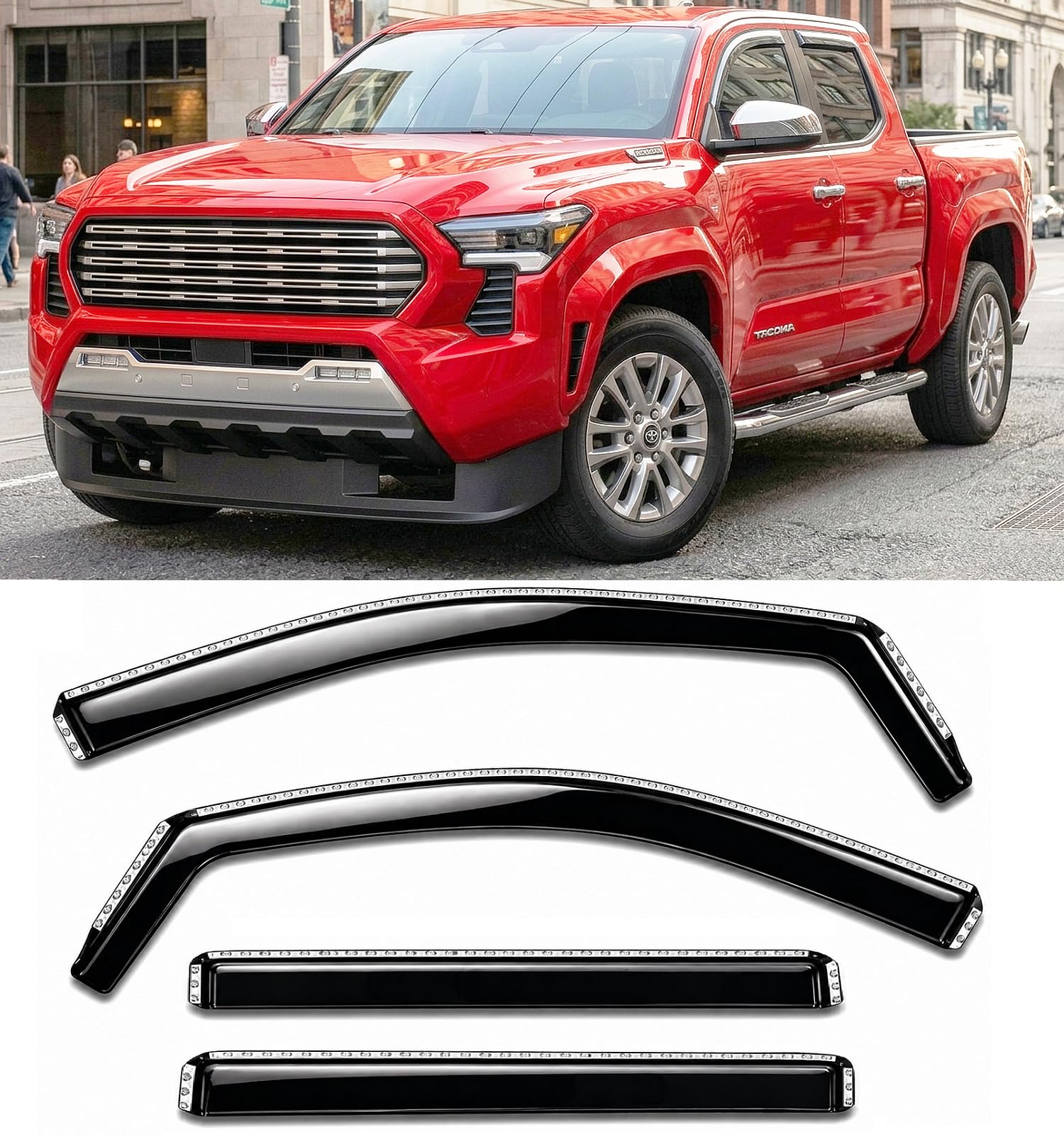 2024-2026 in-Channel Rain Guards Side Window Visor Deflectors for Toyota Tacoma SR SR5 TRD PreRunner Sport Off-Road i-FORCEMAX Limited Trailhunter Pro 2025