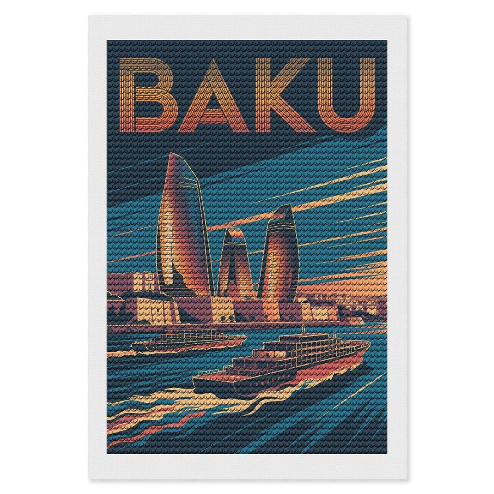Junmoney Baku Cityscape Travel Diamond Painting Canvas Set 8"x12", Satisfying Creative Project, Easy to Follow Symbols, Fun Craft Experience