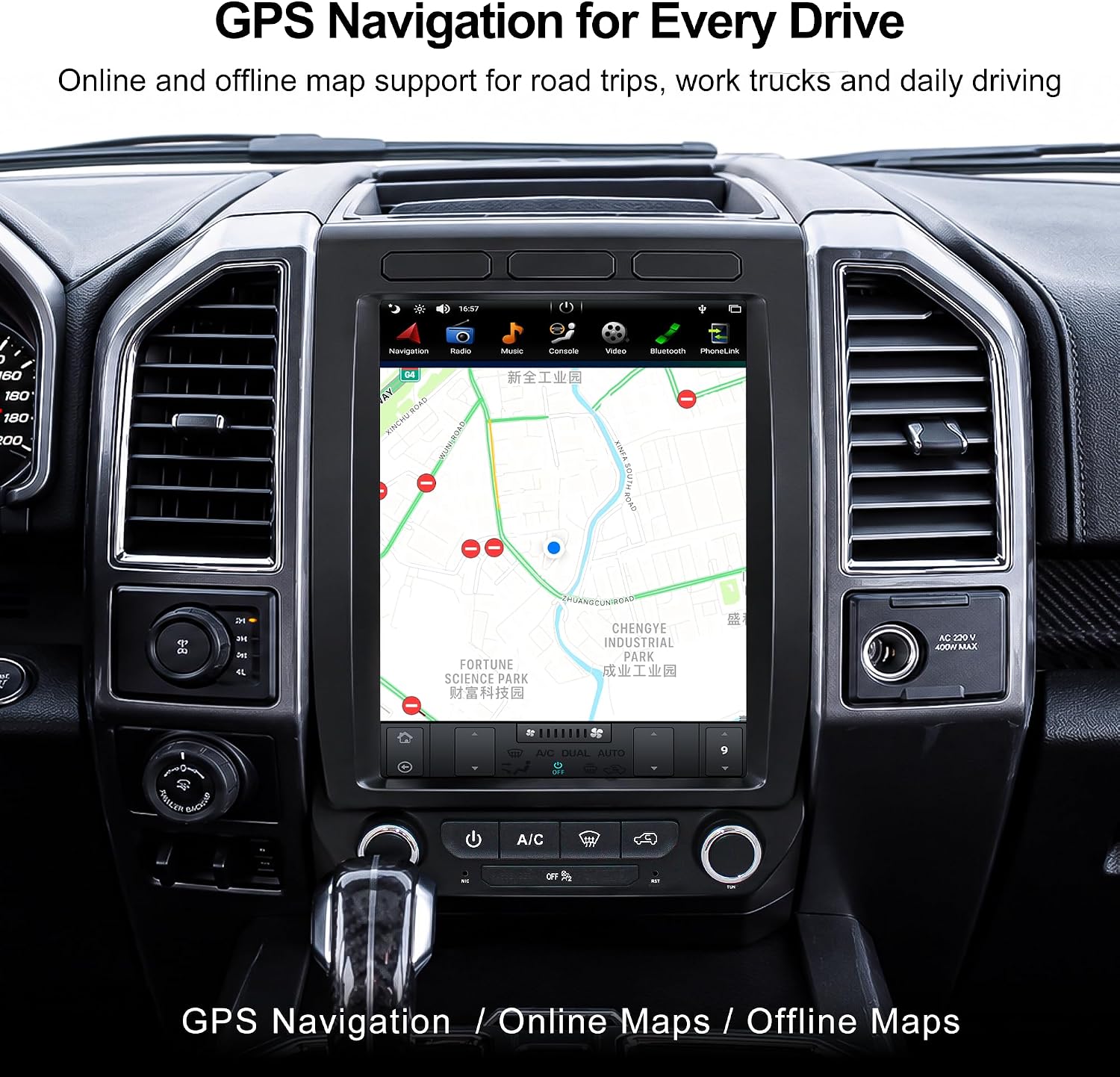 CUSP 12.1 inch head unit displaying a map with navigation routes, highlighting its GPS capabilities.