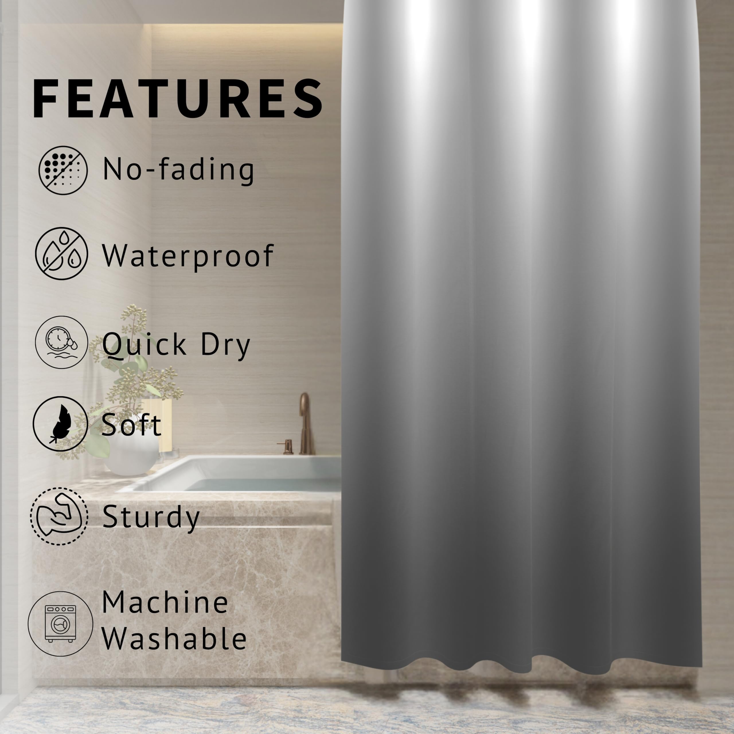 Luxury Shower Curtain - 6.5ft Polyester, 12 Hooks -3