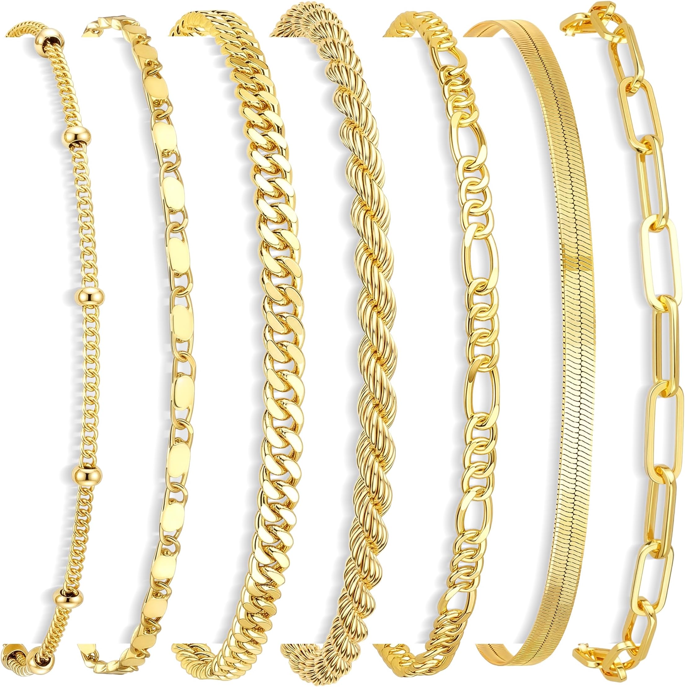 7PCS 14K Gold Plated Bracelets Sets for Women，Dainty Fashion Layered Cuban Link Chain Herringbone Paperclip Chain Bracelets Stack，Trendy Simple Stackable Gold Silver Bracelets Jewelry Gifts