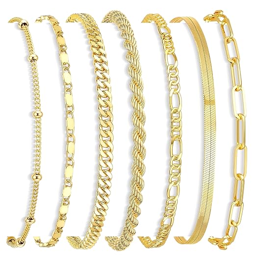 Gokeey 7PCS 14K Gold Plated Bracelets Sets for Women，Dainty Fashion Layered Cuban Link Chain Herringbone Paperclip Chain Bracelets Stack，Trendy Simple Stackable Gold Silver Bracelets Jewelry Gifts
