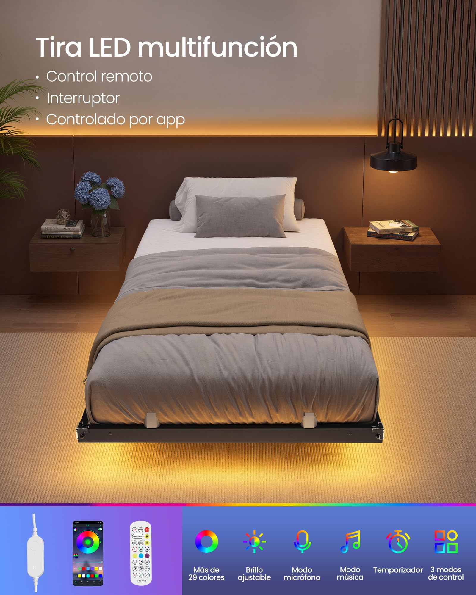 VASAGLE Marco de Cama 90 x 190 cm, Luces LED, Estación de Carga Extraíble, 2 Tomas CA, 1 Puerto USB-C, 1 Puerto USB-A, 1 en Posterior, Soporta hasta 250 kg, Negro Tinta RMB171B101