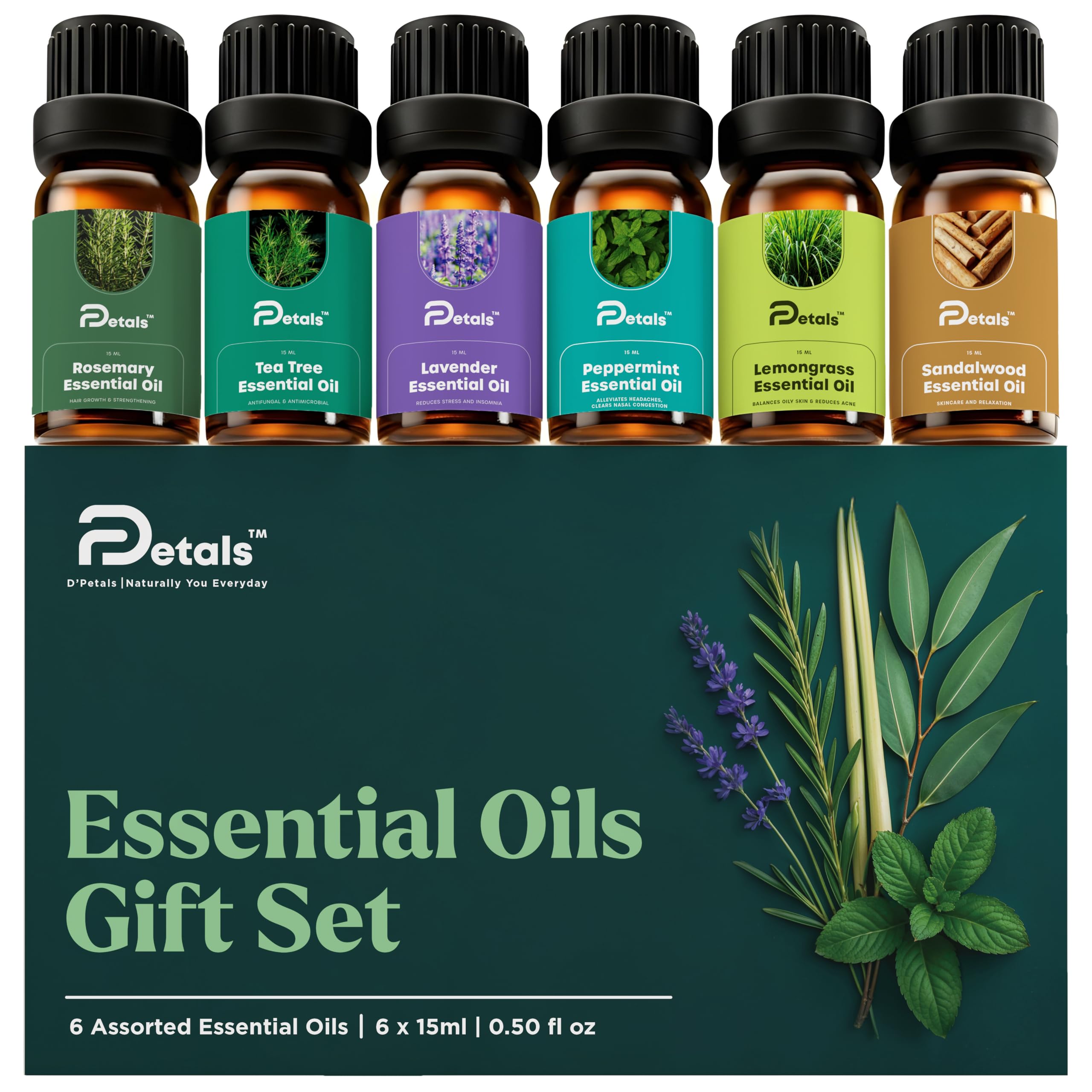 DPetals Essential Oil Combo Set of 6 (15ml Each) | Lavender, Tea Tree, Rosemary, Peppermint, Lemongrass, Sandalwood/Eucalyptus | Aromatherapy Oil for Diffuser, Massage, Humidifier & Skin Care