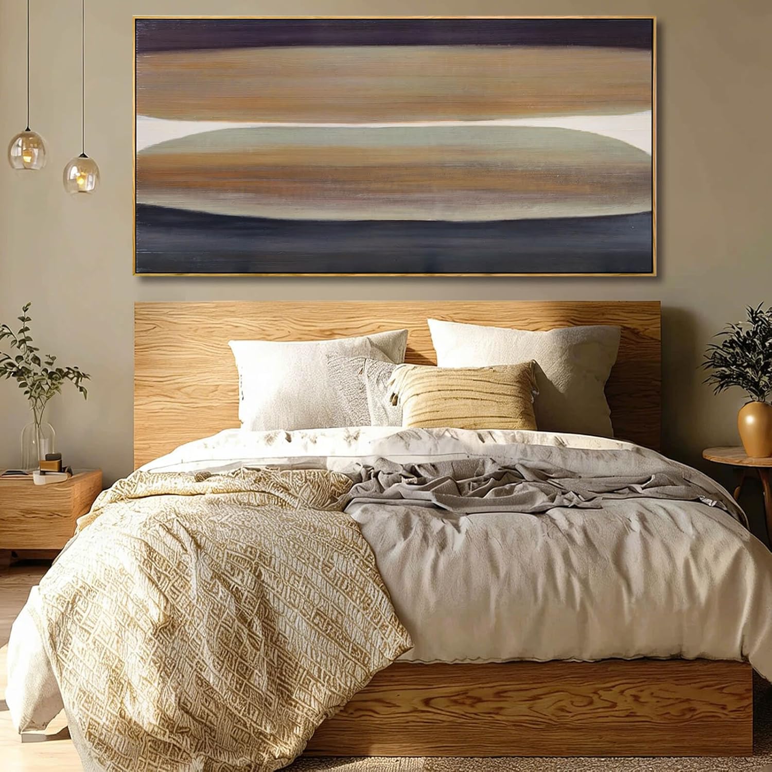 Neutral Brown and Black Abstract Wall Art 24x48 Inch, Large Framed Canvas Prints with Wooden Frame, Modern Minimalist Home Decoration for Bedroom Living Room or Office