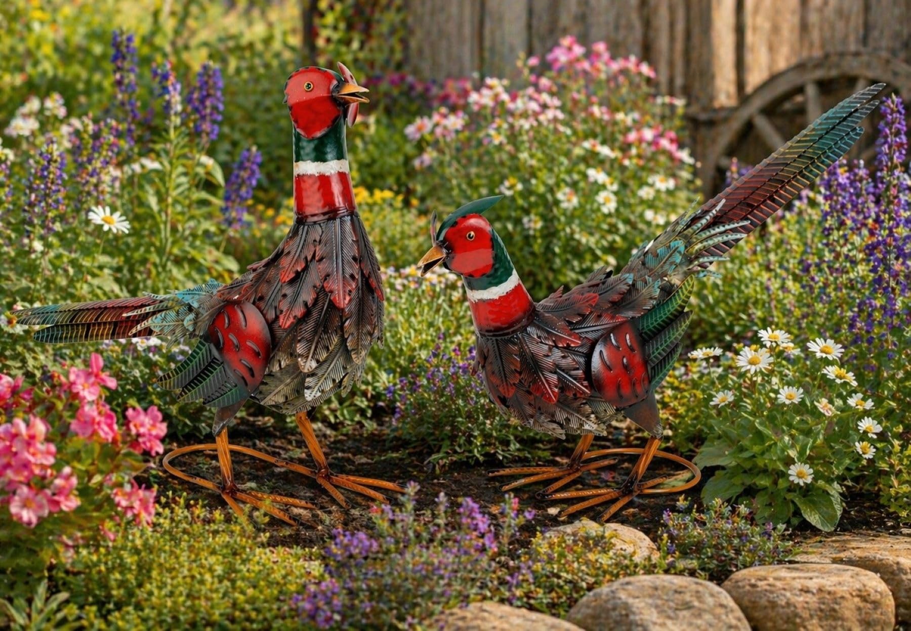 Geschenkestadl 2er Set Fasane Tierfiguren 28/37cm Metall stehend Dekofigur Kunstfiguren Dekoration Deko Haus Garten