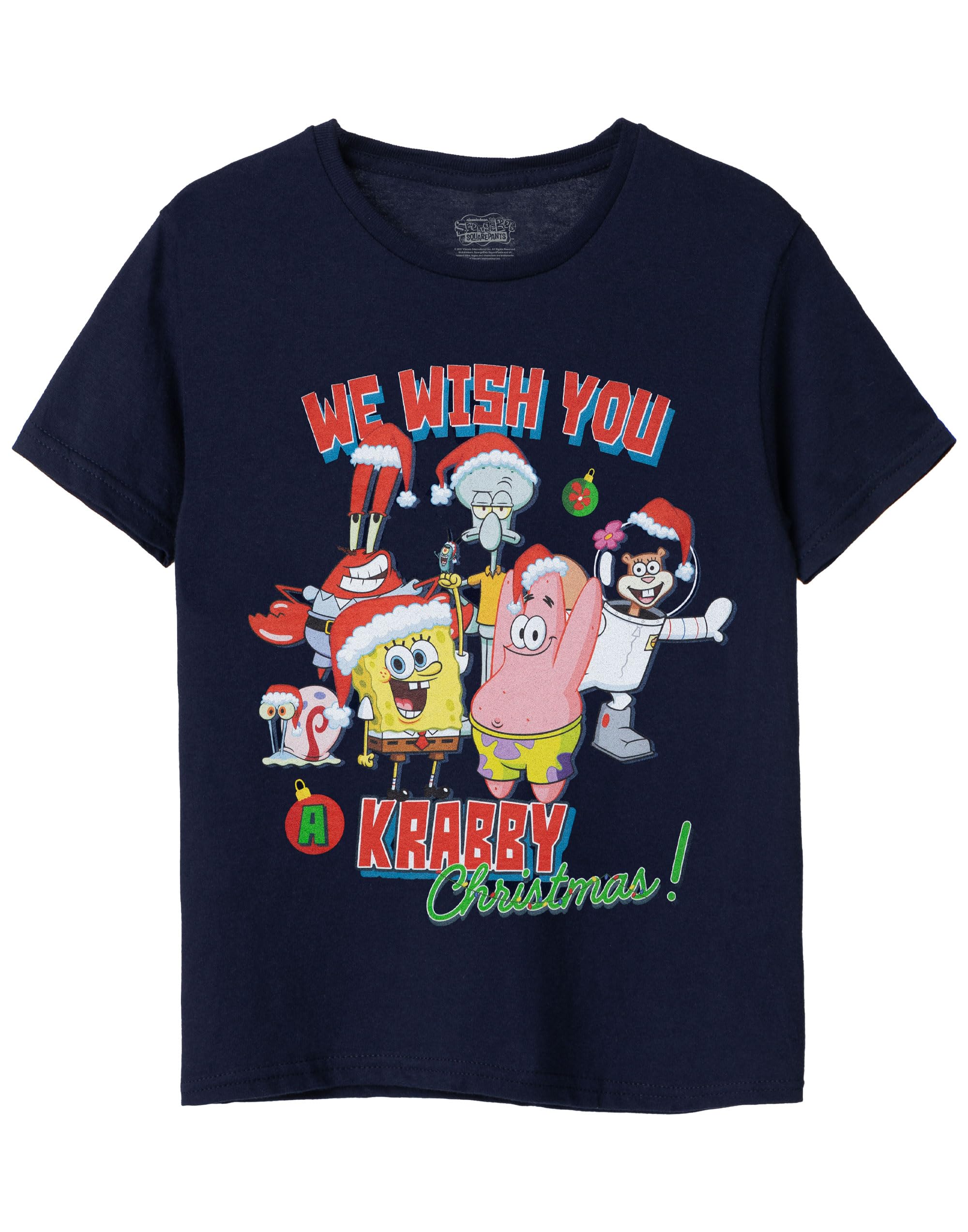 Spongebob Squarepants Boys Blue Kids Christmas T-Shirt | & Girls Krabby Christmas Short Sleeve Seasonal Graphic Tee | Patrick Squidward Sandy Mr Krabs Gary Navy Festive Top | Xmas Merchandise Gift