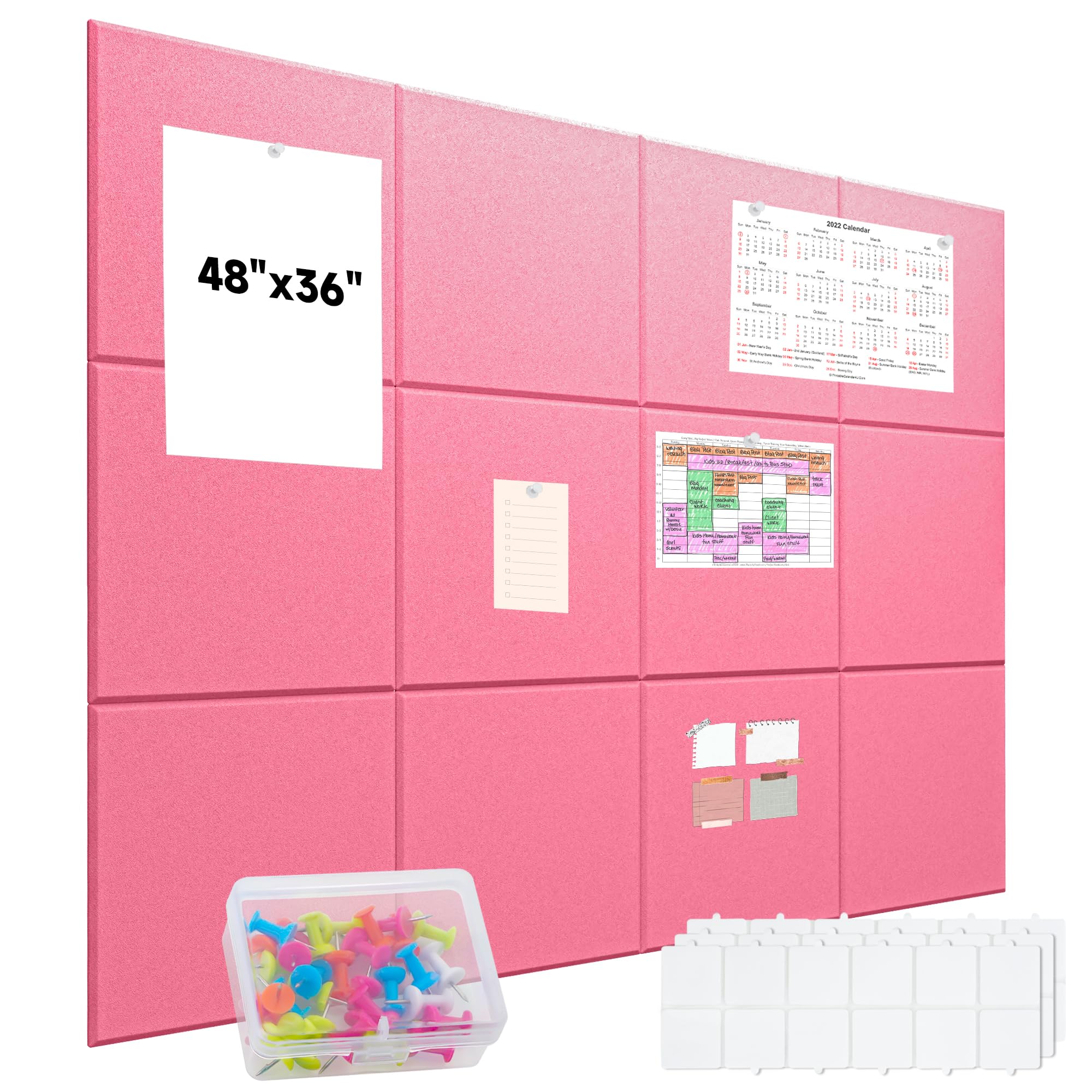 Zestaw 12 obrazów korkowych 121,9 x 91,4 cm – 12 sztuk – 12 szt. płytek ściennych z 48 wyjmowanymi zakładkami samoprzylepnymi i 30 pinezkami – duże tablice ścienne z korka na ścianę, idealne do domu