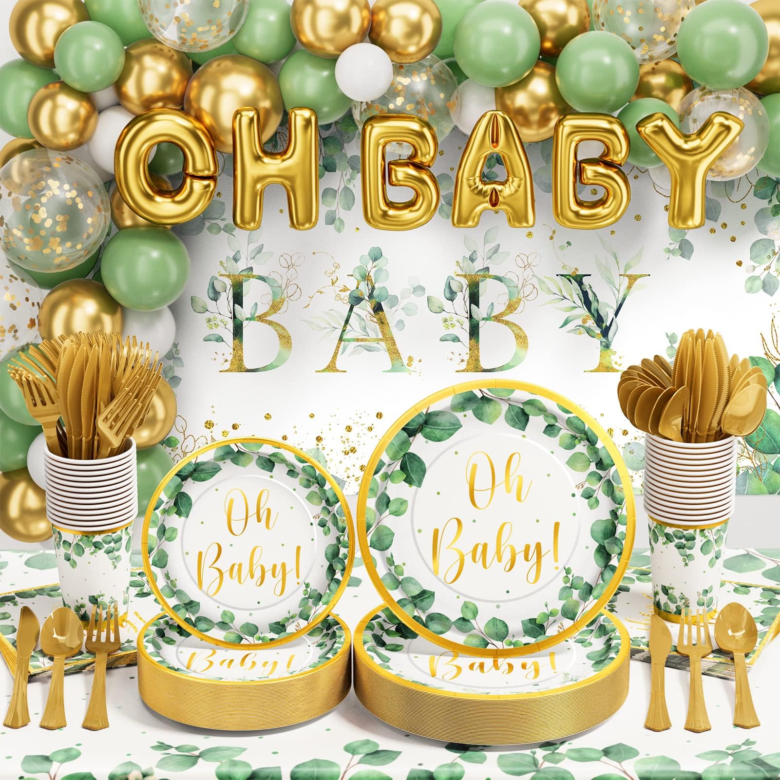 Ecomore Girl Boy Sage Green Baby Shower Decorations 247 PCS (25 Guest) Boho Greency Party Supplies with Paper Plate Napkin Cup Cutlery & Tablecloth Oh