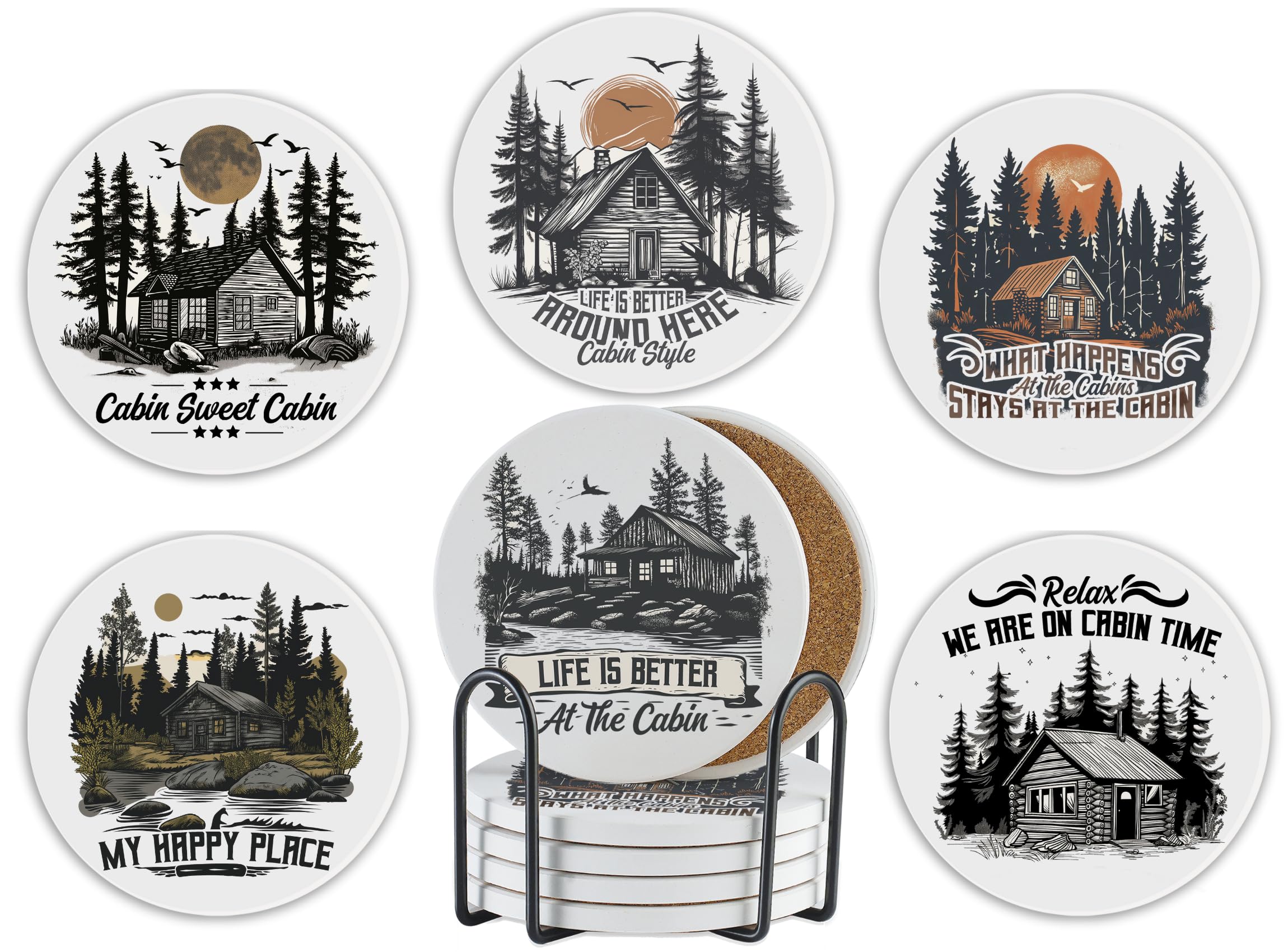 Onebttl Cabin Gifts - Cabin Theme Coaster Set of 6, Bar Coasters with Sayings