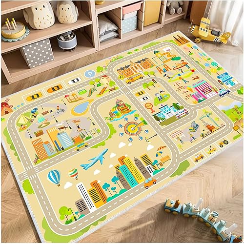 Miniatura 5 de Alfombra de juego para niños, alfombra de coche para jugar a autos, juguetes, mapa de tráfico de la ciudad, alfombra de sala de juegos para niños,