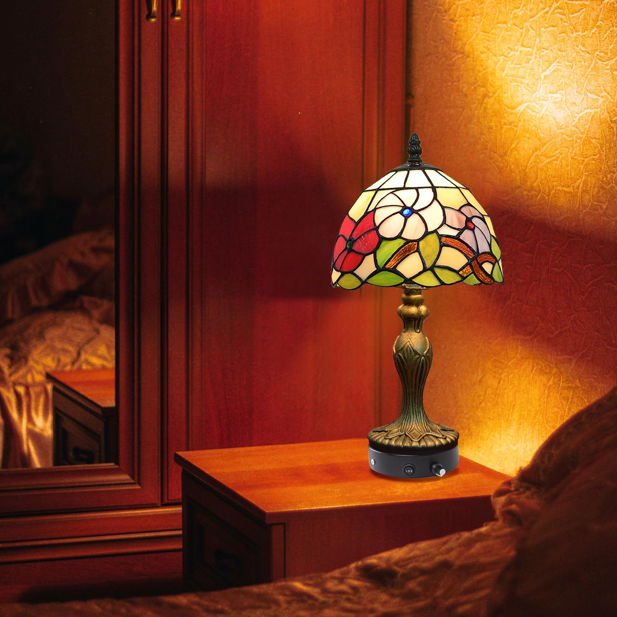 Tiffany-Stil Tischlampe Kabellos Warmweißes, Wiederaufladbar Tischleuchte, Dimmbar Nachttischlampe mit Glasschirm für Nachttisch Esszimmer Schlafzimmer -TD0769