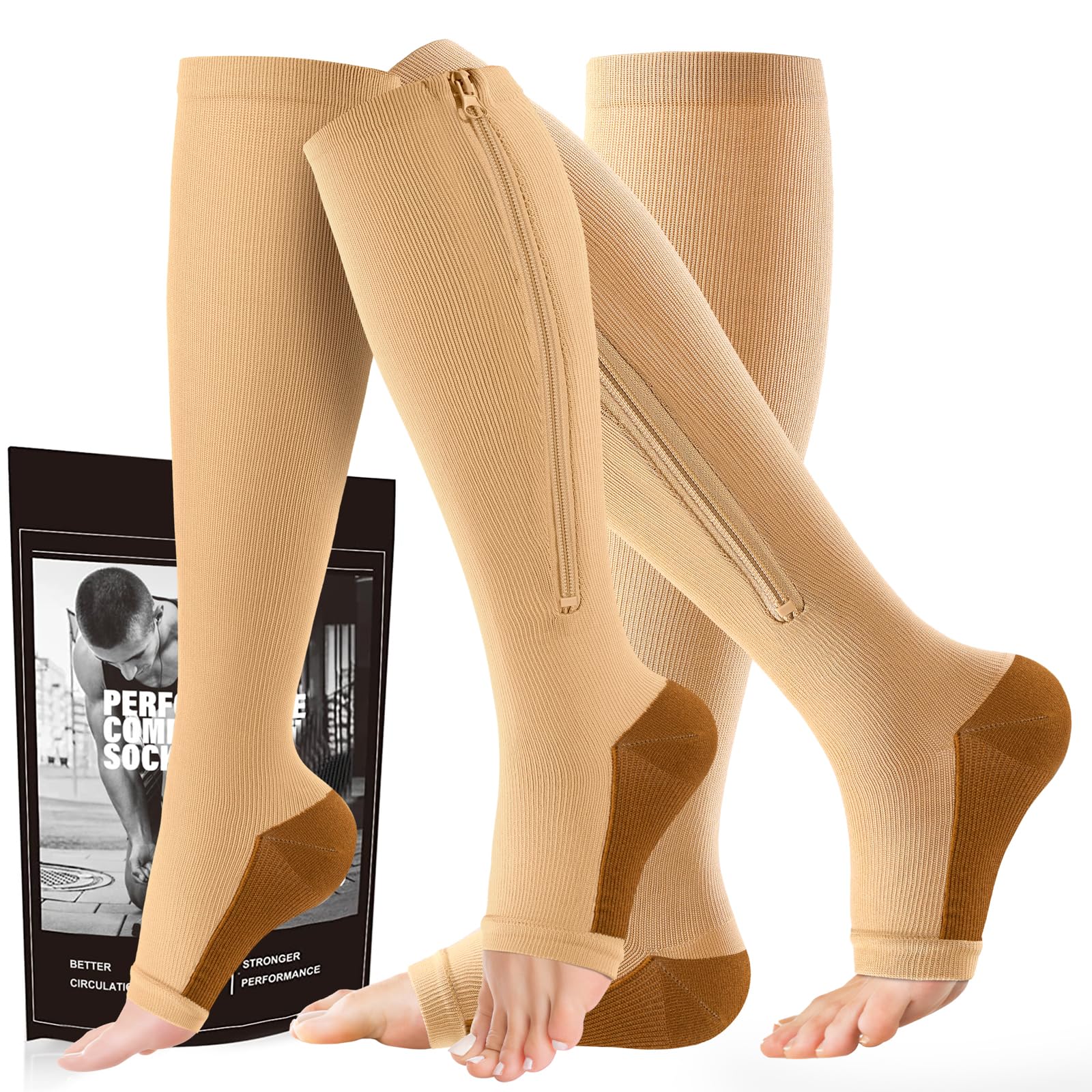 cerpite Zipper Compression Socks - 2 Pairs Open Toe Compression Stockings for Men Women 15-20mmHg,Suit for Running, Sport