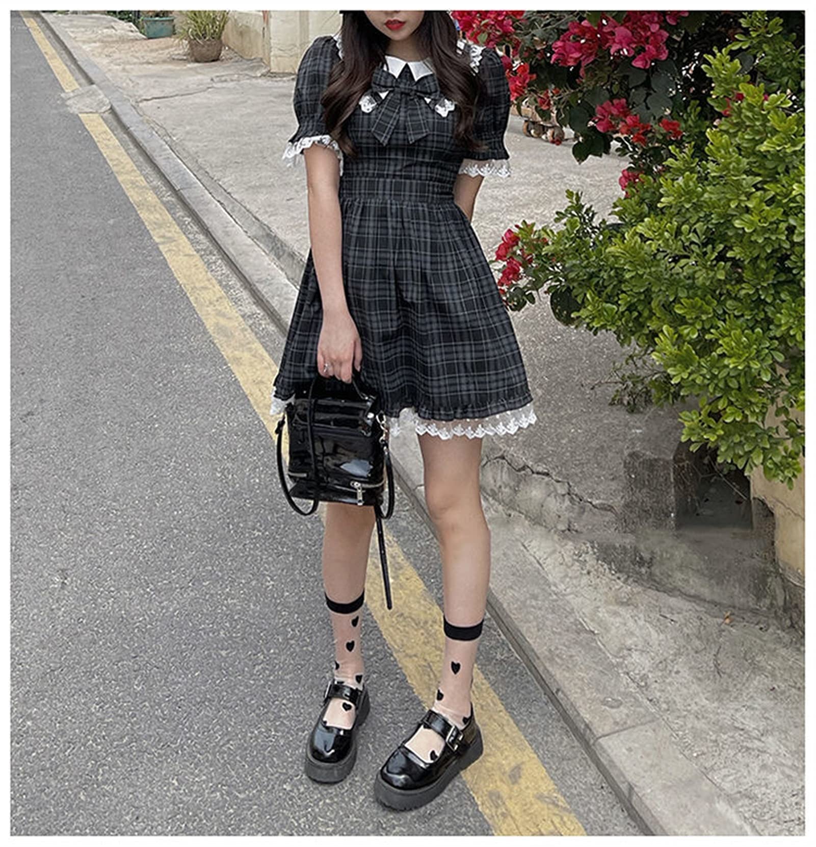 Simpatico Lolita Dress Gonna Summer Dresses Giapponese Soft Girl Cute Bambola Collo Collo Arco Slim Vita Plaid Dress Pizzo Principessa Kawaii Lolita Abiti Gothic Harajuku Dark