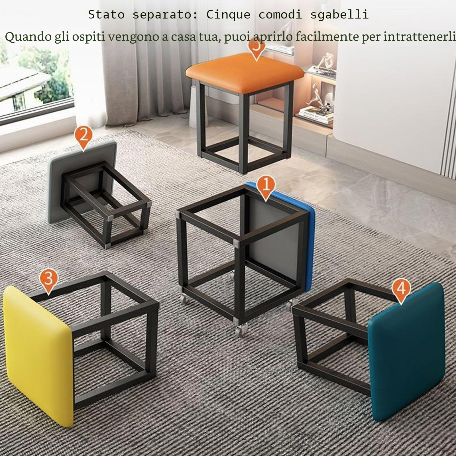 Sgabello 5 in 1, impilabile, per interni, salvaspazio, elegante e multifunzione (D, 45 x 45 cm)