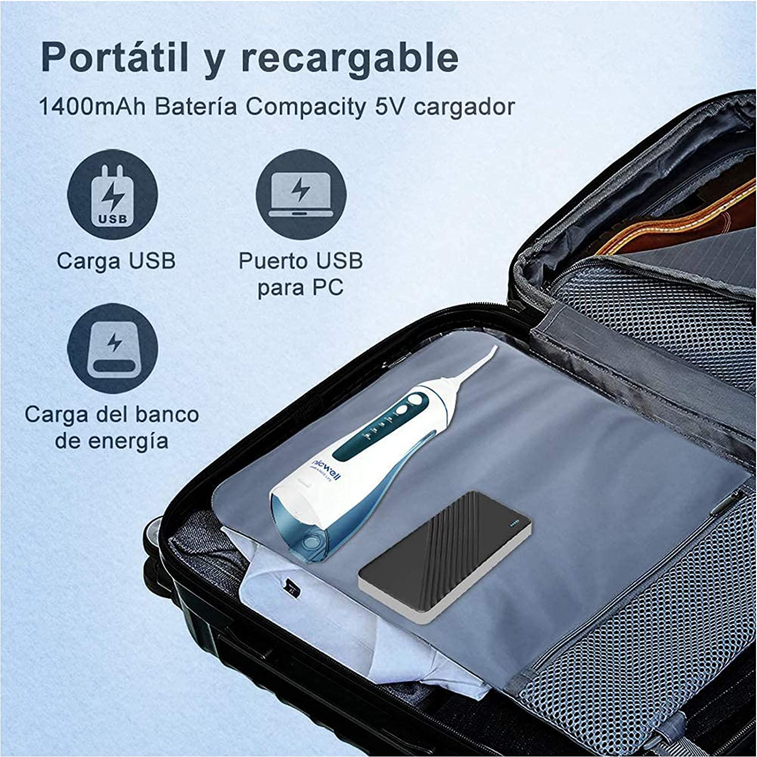 Irrigador Bucal Portatil Profesional - Irrigador Dental con 5 Boquillas 4 Modos, IPX7 Impermeable Limpieza Dientes, Recargable para Limpieza Dental, Irrigadores bucales Electrico Portátil de Viaje