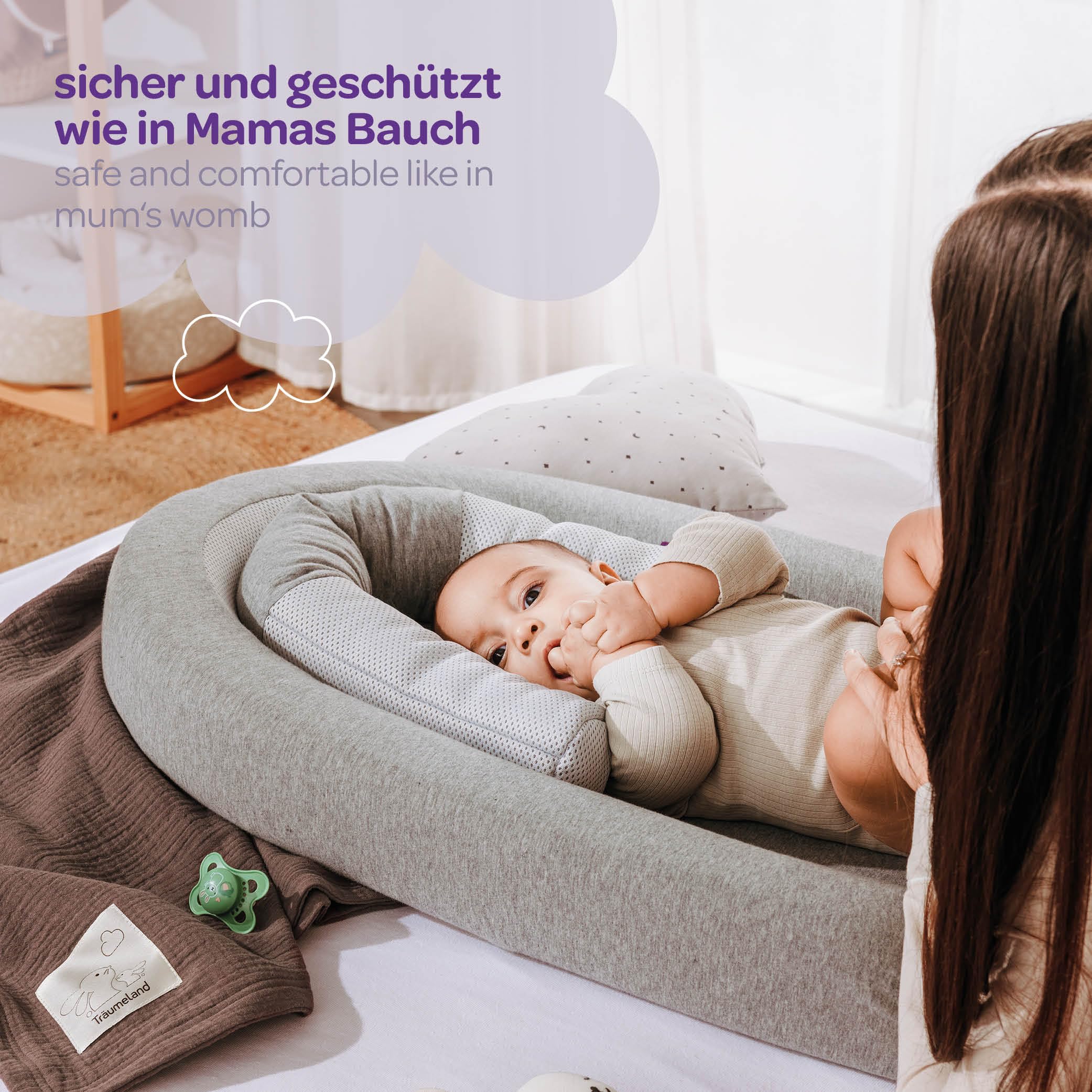 TRÄUMELAND Babynest HOME – atmungsaktives und weiches Babynest mit 3D-Luftpolster – Tragbare Schlafunterlage – Ideal für Neugeborene – Komfort & Sicherheit für Zuhause & unterwegs
