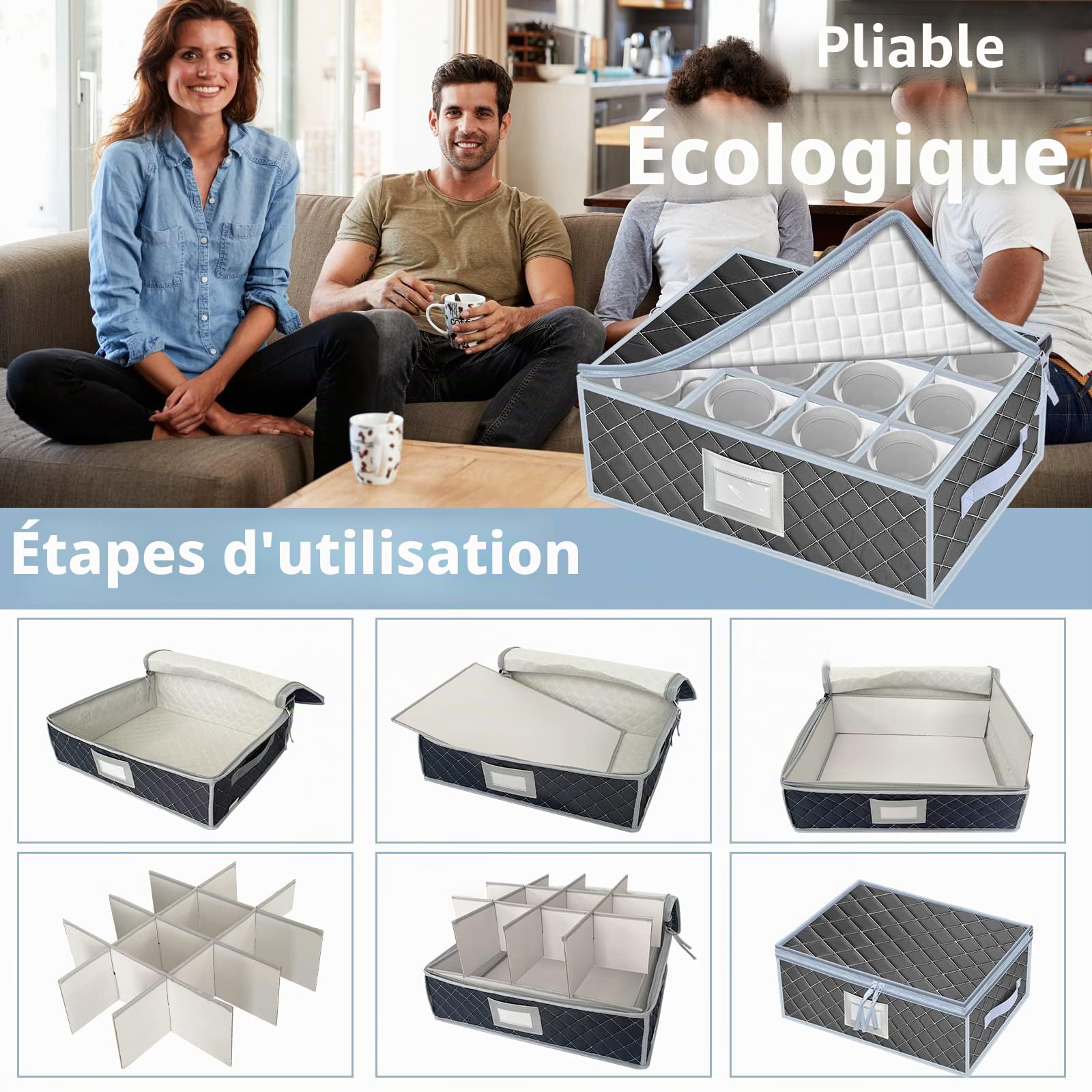 Lot de 2 boîtes de rangement empilables pour tasses et tasses à café avec séparateurs - Capacité : 24 verres