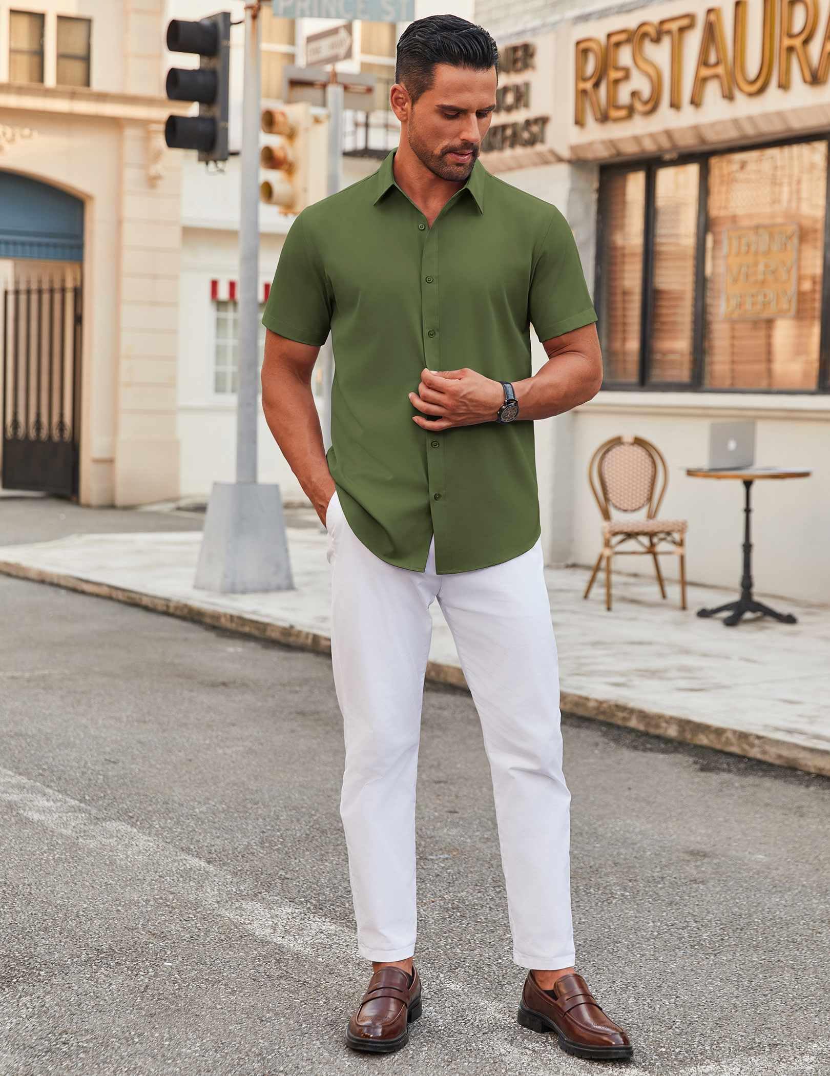 COOFANDY Men's Stretch Dress Shirts Short Sleeve Wrinkle Free Casual Button Down Shirts: Army Green X-Large