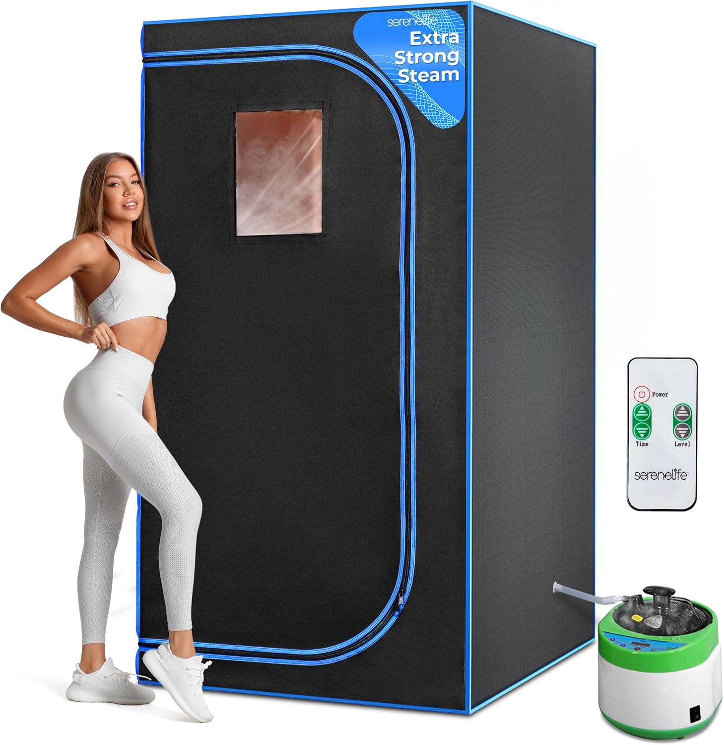 SereneLife Portable Sauna Box for Home, Steam Sauna Tent with 4L Steamer, Folding Sauna Chair, Remote Control in-Home Spa, 71" x 35" - inch (Black)