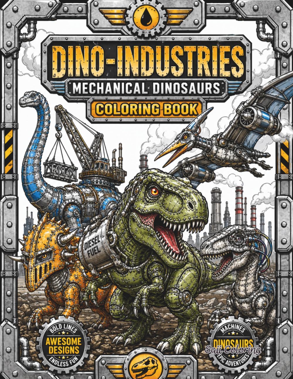 Dino-Industries: Mechanical Dinosaurs Coloring Book: Bold Steampunk Dinosaur Machines with Industrial Robots, Diesel Engines, Rivets, and Epic Mechanical Creatures for Teens & Adults