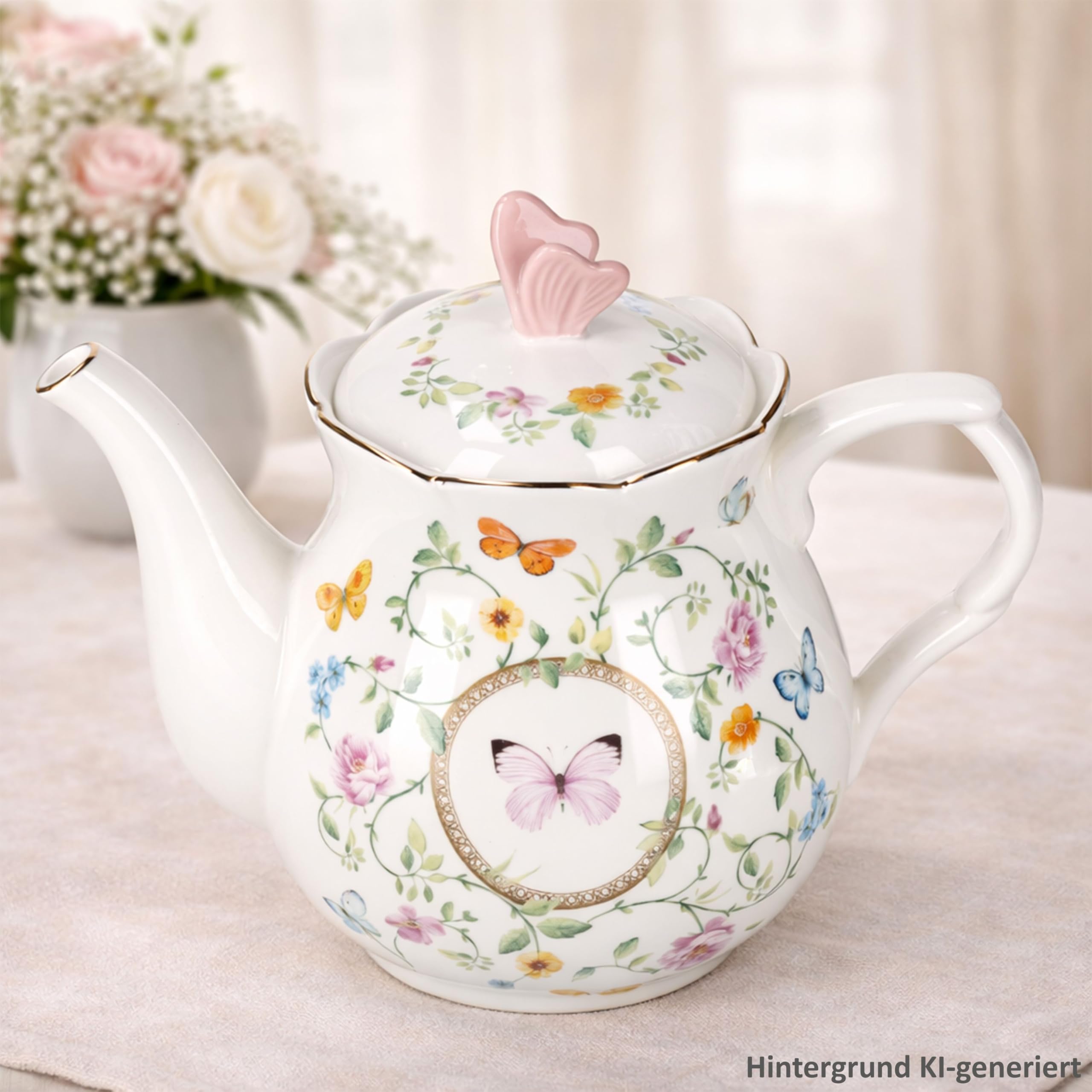 MamboCat Dancing Butterflies dzbanek do herbaty z pokrywką z porcelany, 900 ml, kwiatowy dzbanek z motylami I pokrywka z motylami 3D, złote krawędzie, prezent do herbaty, kawy