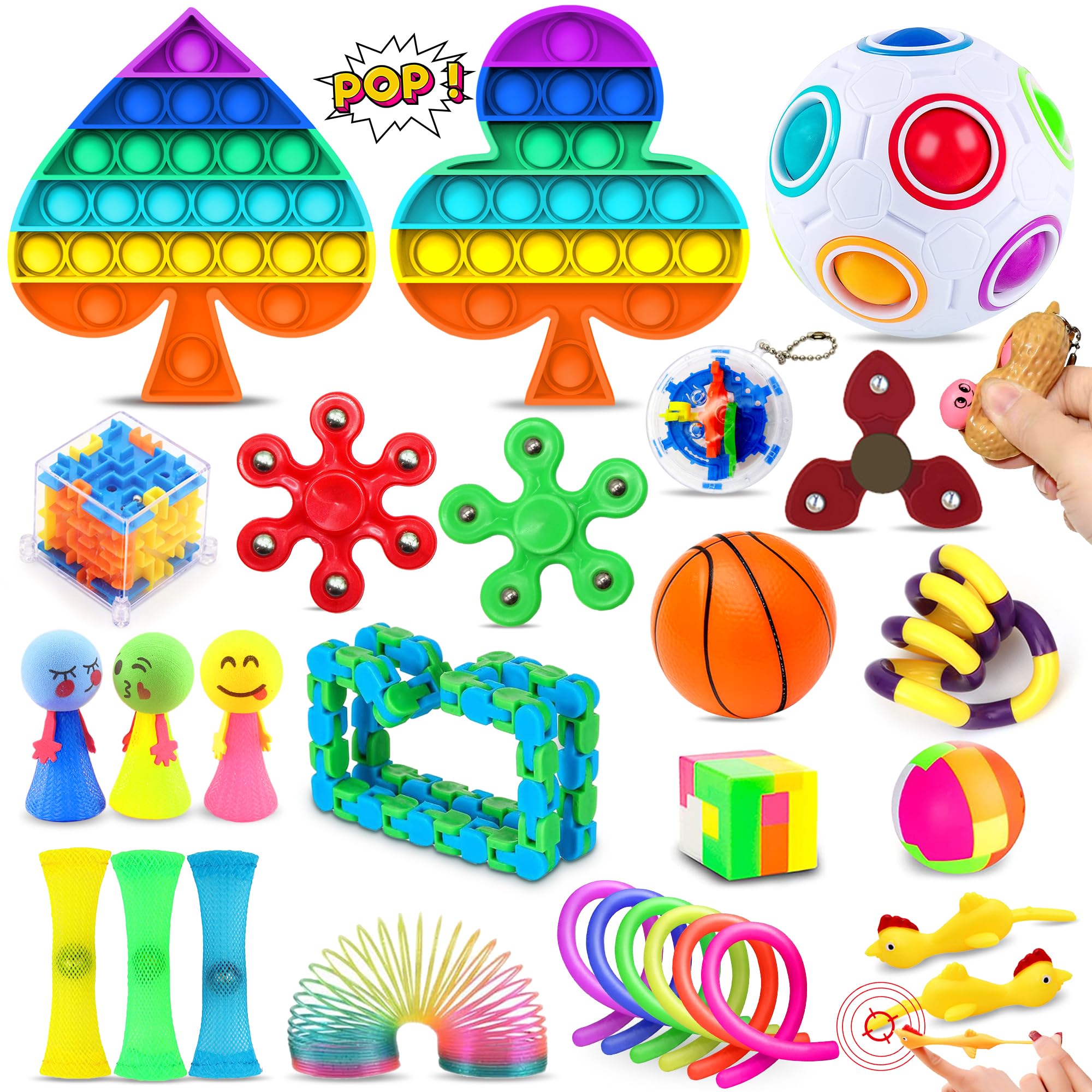 Rainbow Fidget Toy Set, 30 Pcs Sensory Toys for Autism ADHD, Stress Reliever with Toy Box Push-It Toy, Infinite Cube, Stress Ball Anti-anxiety Birthday Gift for Teen Children Adult