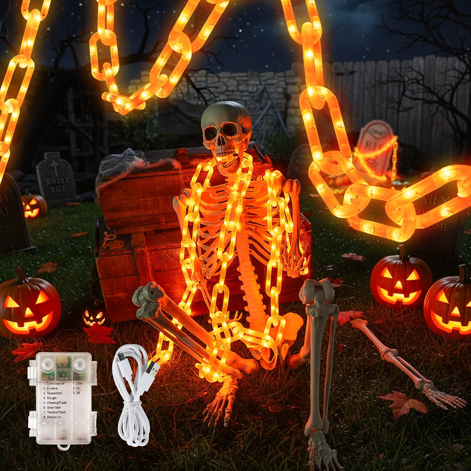 Halloween string lights,Hopolon 13.7Ft 175LED Halloween Decorations Chain Lights Outdoor/Indoor Plastic Orange Light Battery USB with Waterproof, 8Modes&Timer for Home Garden Patio Porch Spooky Decor