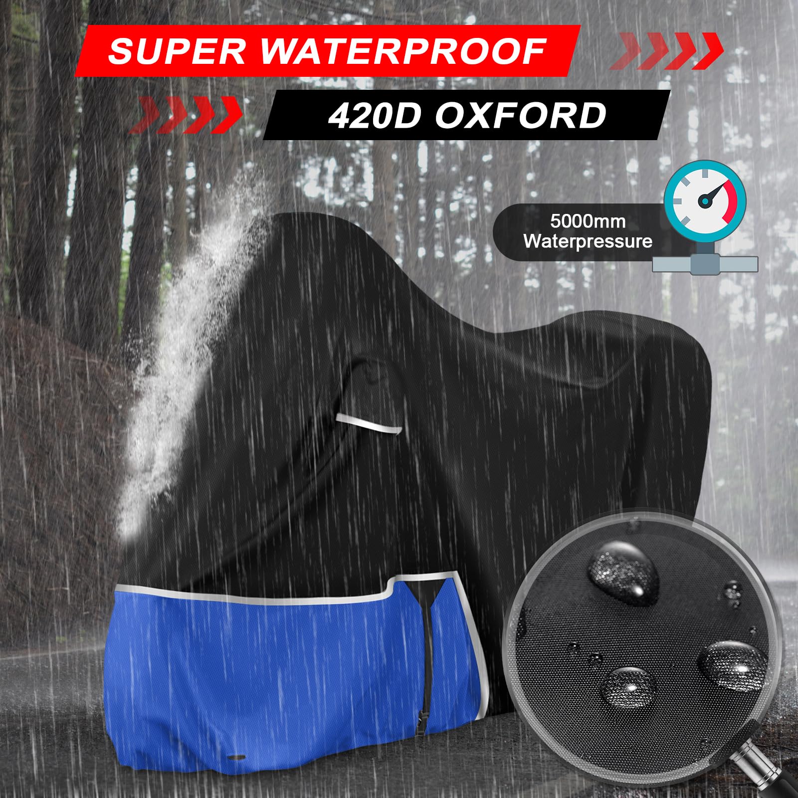 Telo Copri da Esterno per Piaggio Vespa GTV GTS GT60/125/200/250/300 (con bagagliaio), Telo Copertura Coprimoto Copri Moto Vespa 125 420D Tessuto Oxford Impermeabile Resistente All'inverno, Nero e blu