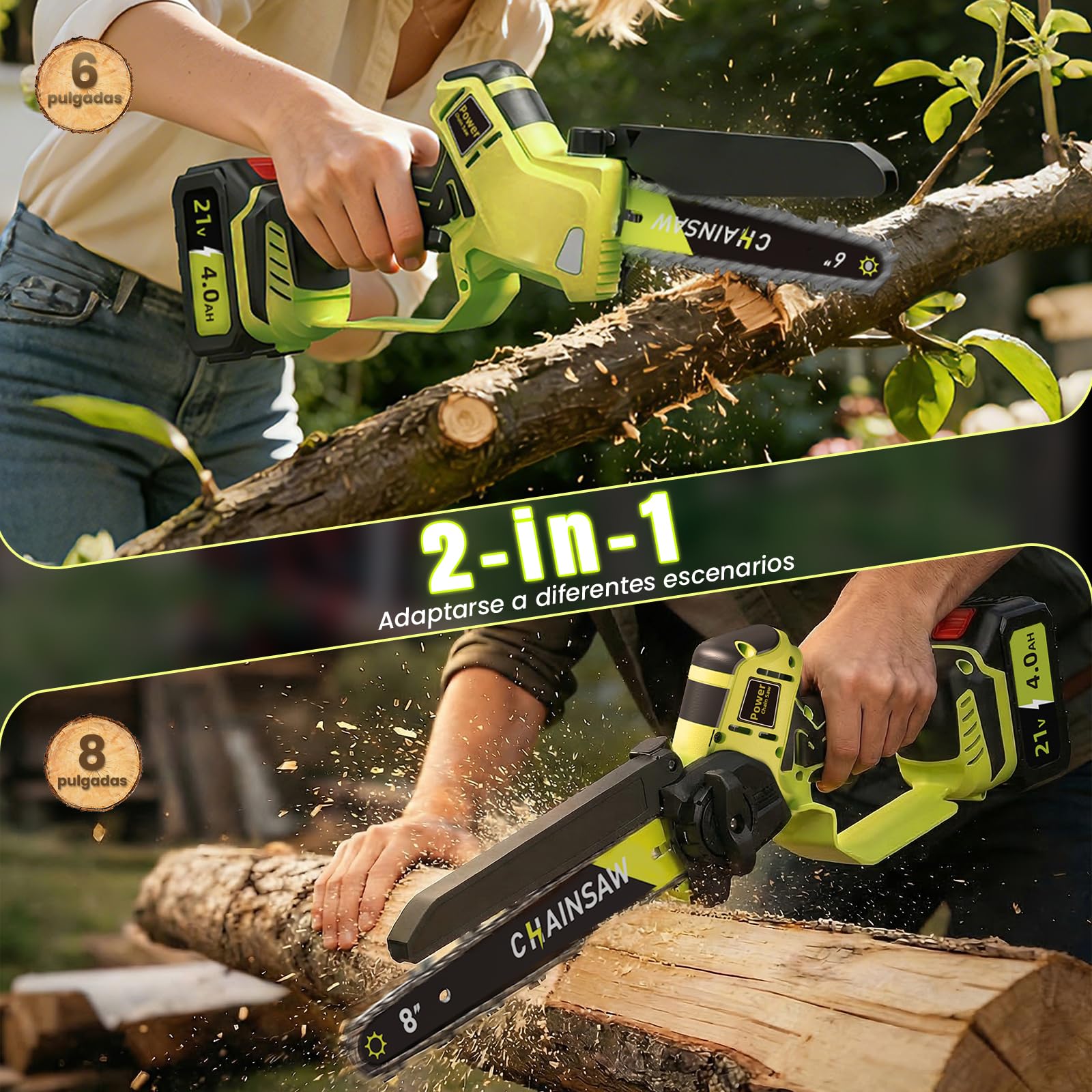 Mini Motosierra a Batería 8 y 6 Pulgadas, 1300W Motor Sin Escobillas Motosierra Eléctrica, 8000mAh Sierra Electrica, Motosierras de Mano para Podar de Jardinería, Compatible con Makita Batería